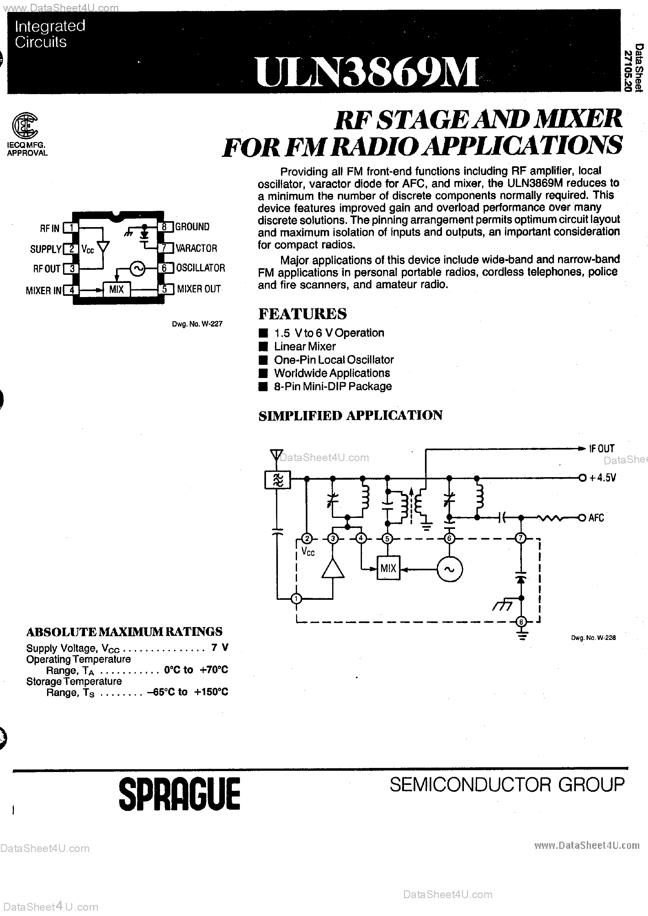 Даташит на микросхему ULN-3869M страница 1 Даташит ULN-3869M - RF Stage and Mixer страница 1