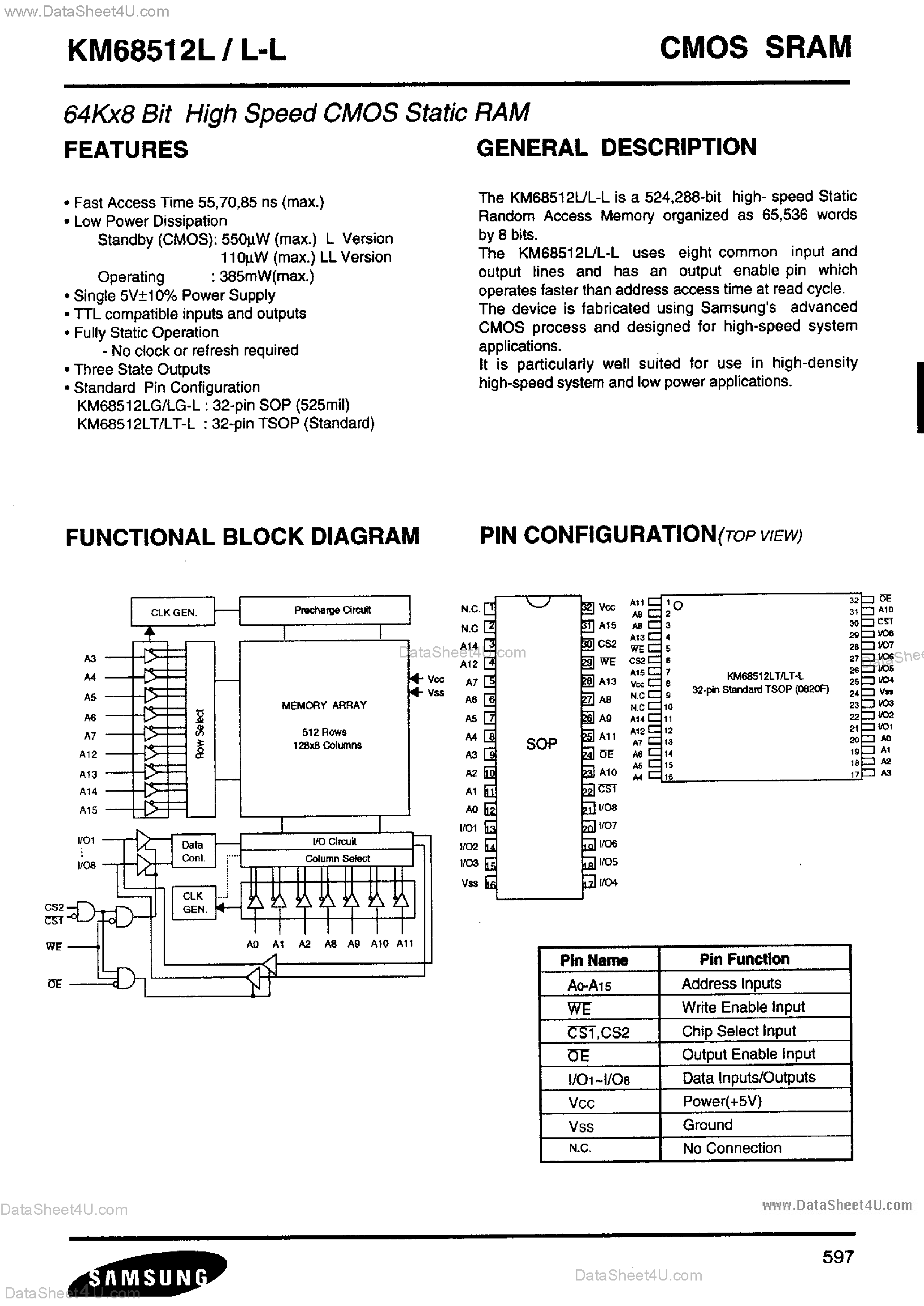 Даташит KM68512L - 64Kx8 bit Low Power CMOS Static RAM страница 1