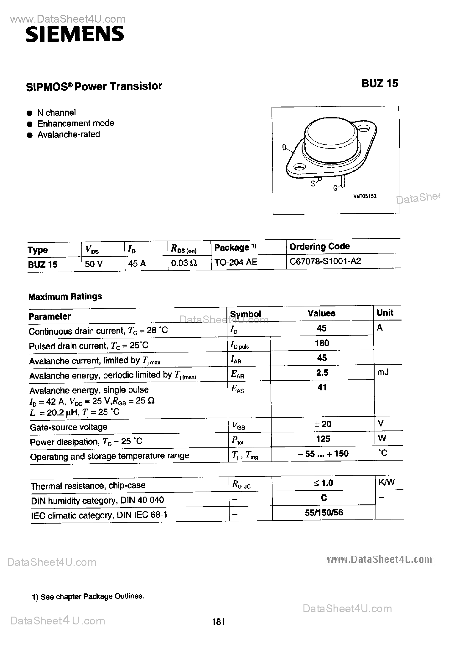Даташит BUZ15 - SIPMOS POWER TRANSISTOR страница 1