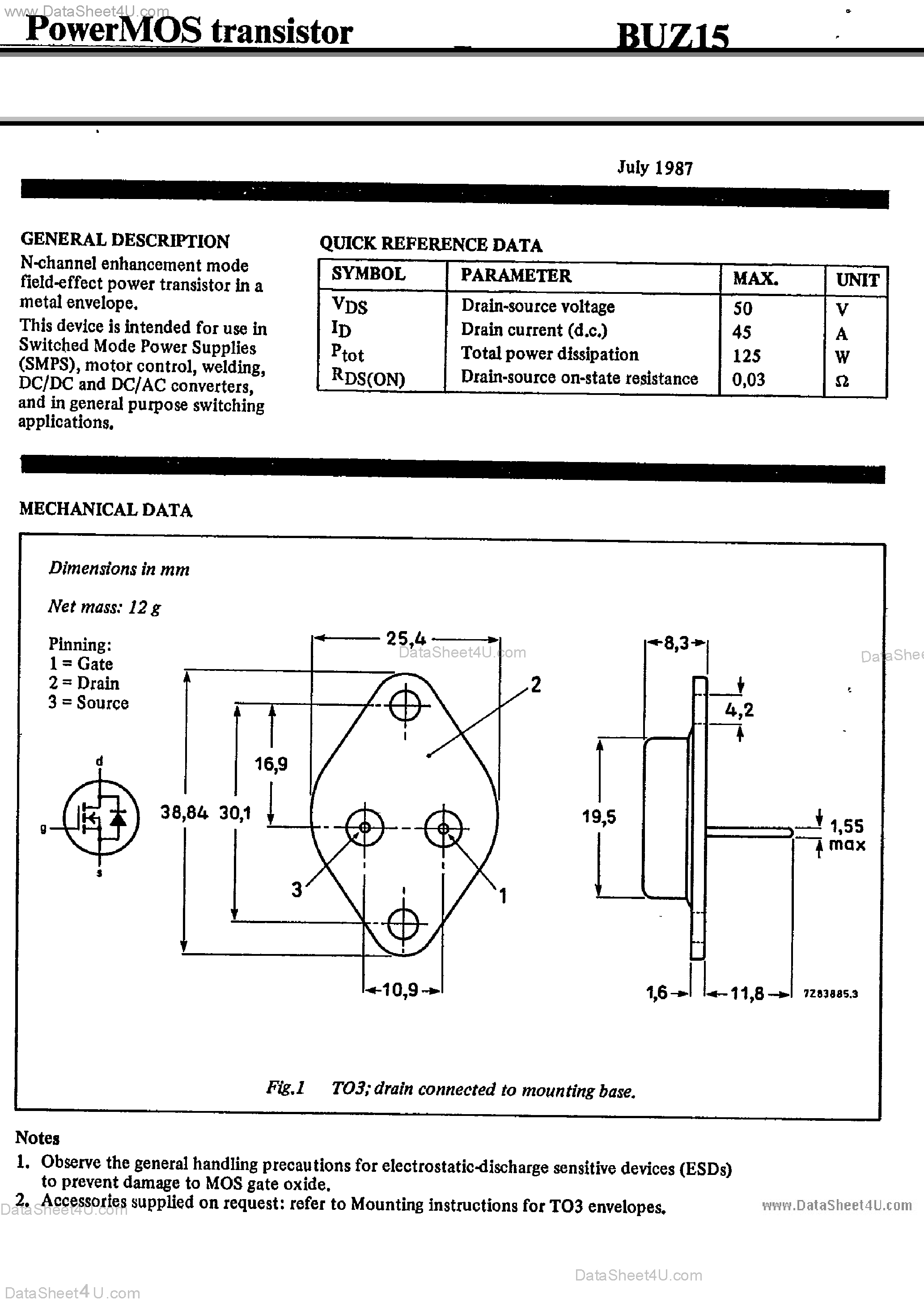 Datasheet BUZ15 page 1 Datasheet BUZ15 - Power MOS Transistor page 1