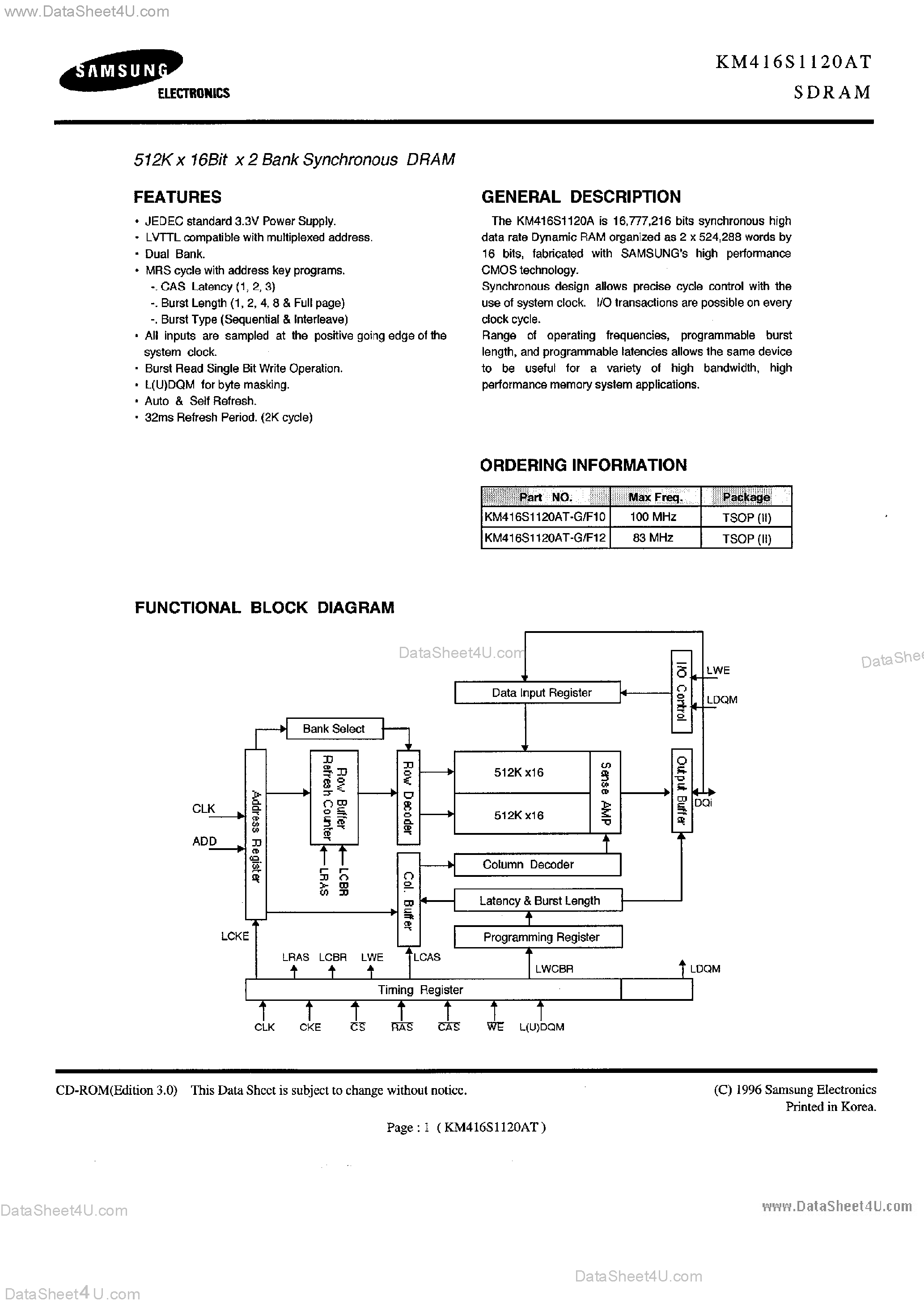 Datasheet KM416S1120AT - 521K x 16-Bit x 2 Bank SDRAM page 1