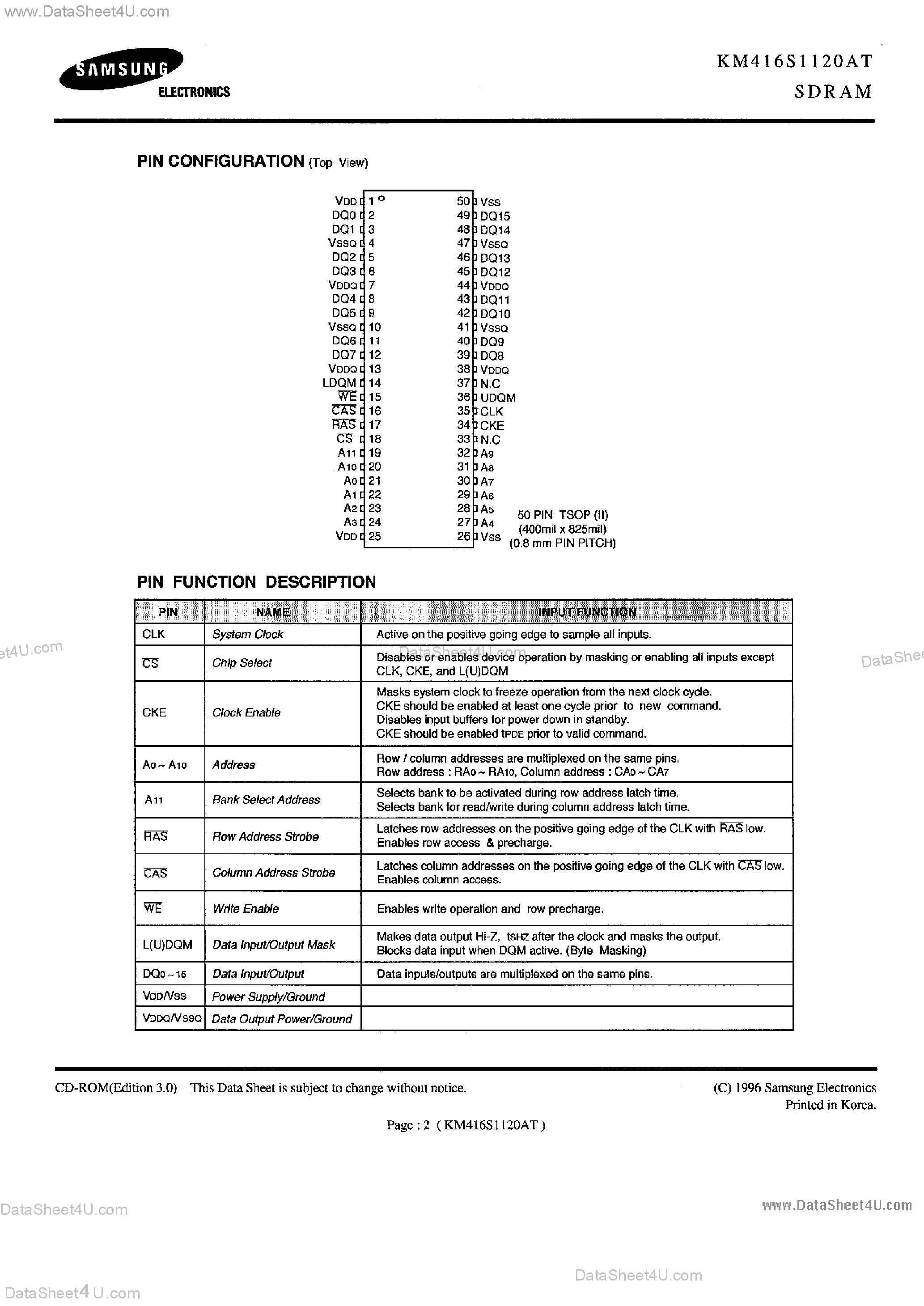 Datasheet KM416S1120AT - 521K x 16-Bit x 2 Bank SDRAM page 2