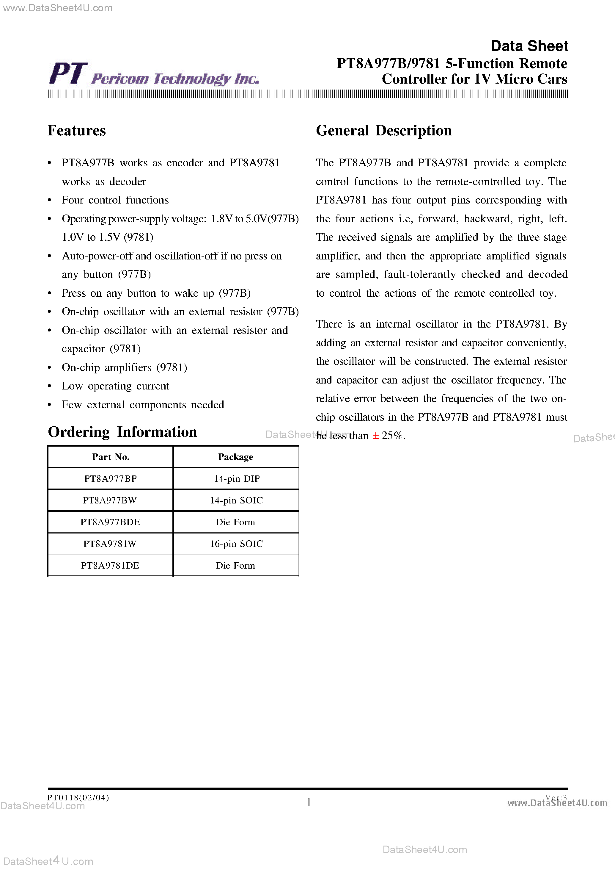 Datasheet PT8A977B - (PT8A977B / PT8A9781) PT8A977B/9781 5-Function Remote Controller for 1V Micro Cars page 1