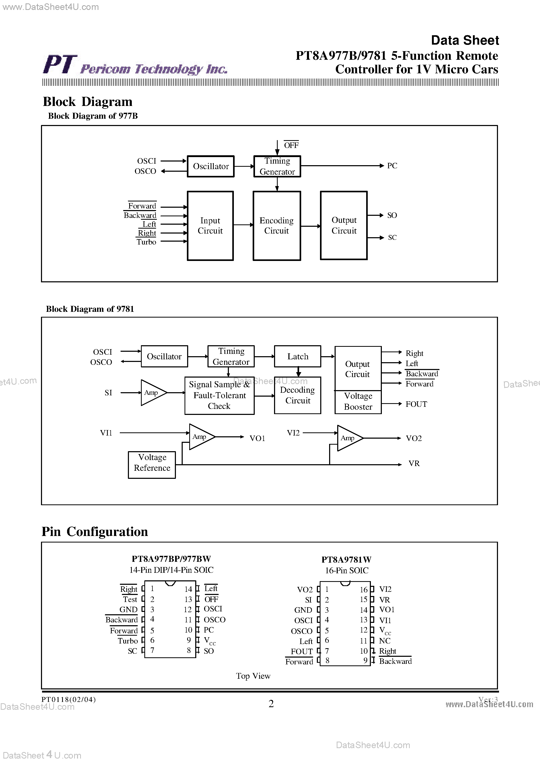 Datasheet PT8A977B - (PT8A977B / PT8A9781) PT8A977B/9781 5-Function Remote Controller for 1V Micro Cars page 2