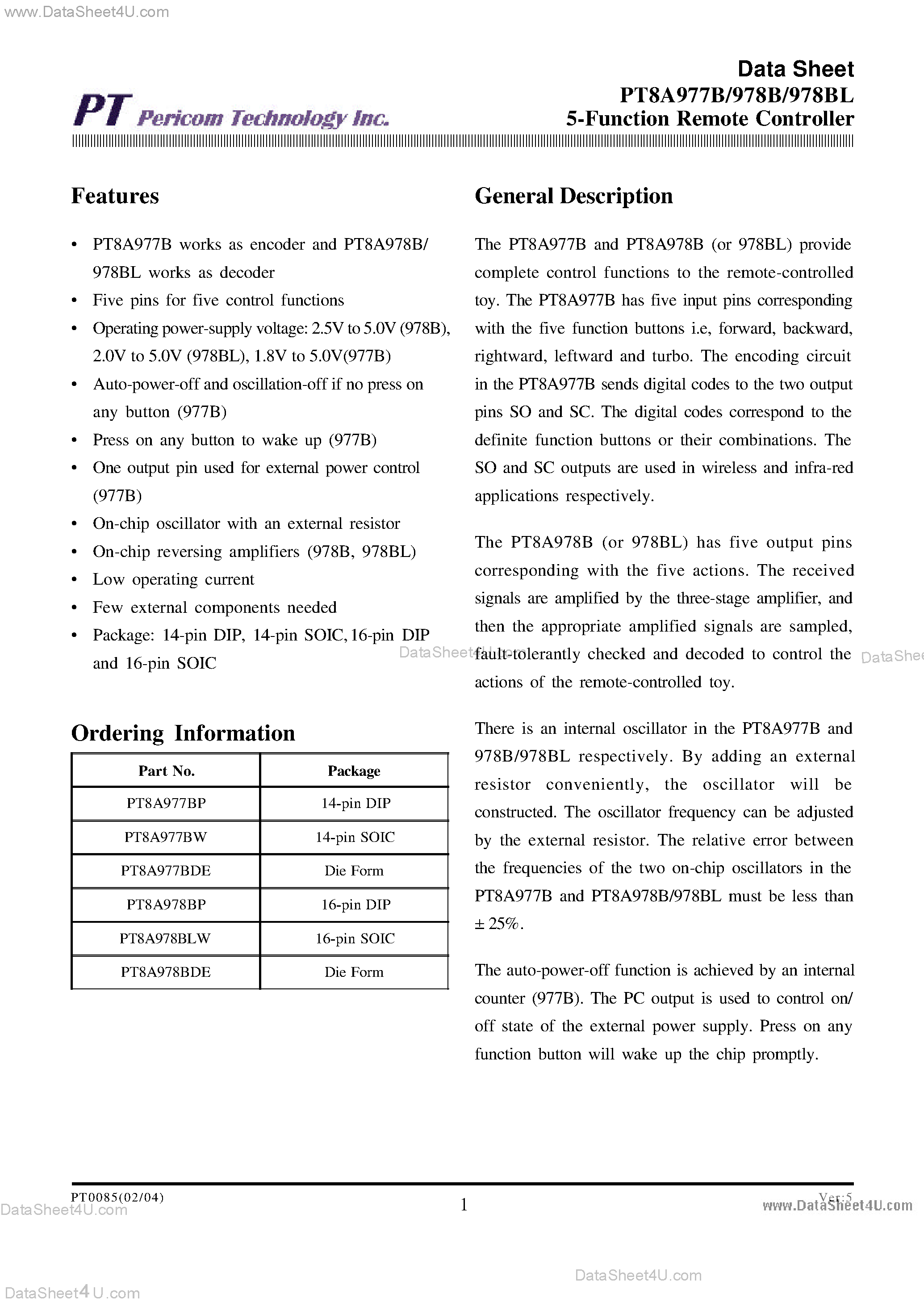 Datasheet PT8A977B - (PT8A977B / PT8A978B) 5-Function Remote Controller for 1V Micro Cars page 1