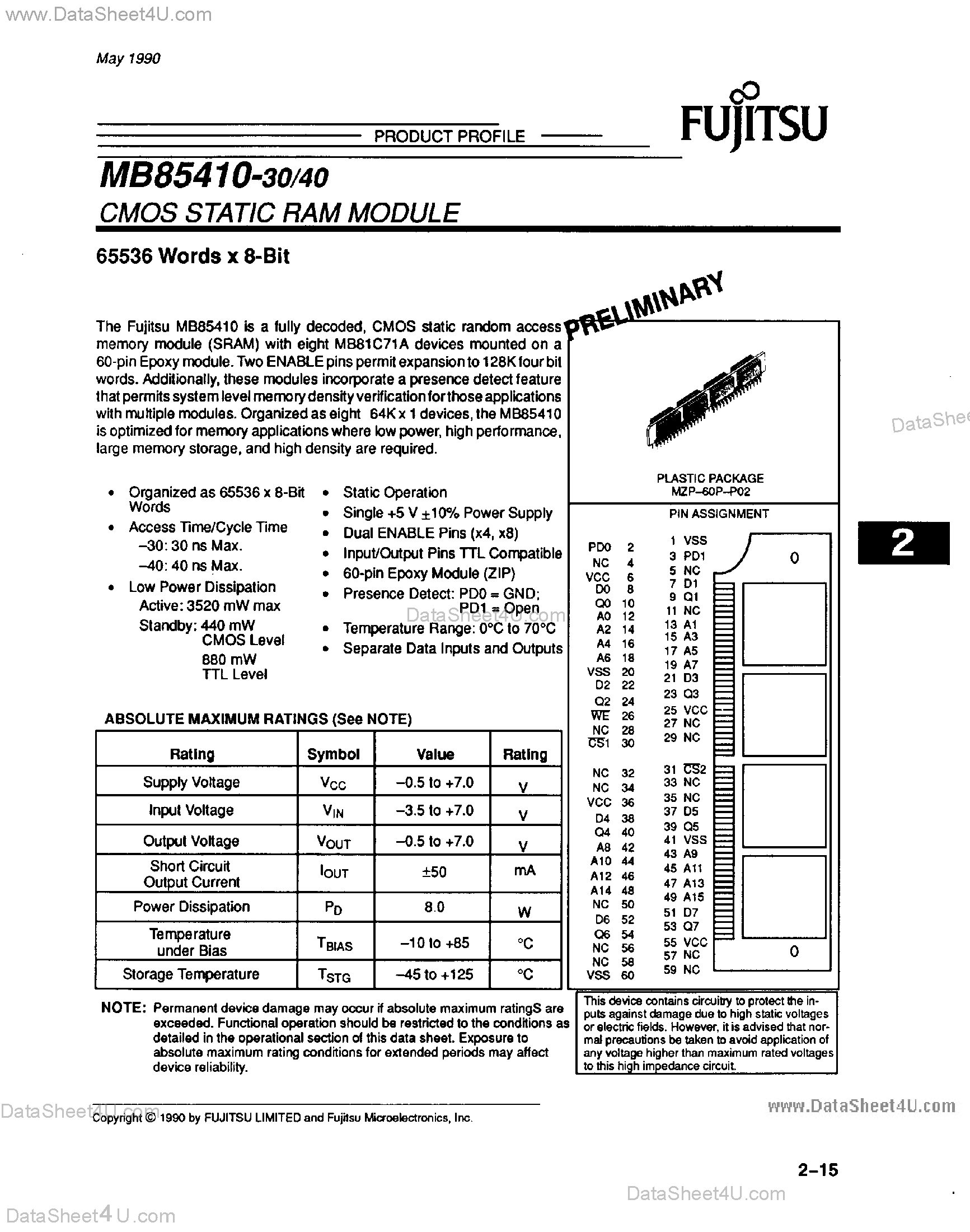 Datasheet MB85410 - 65536 Words x 8-Bit page 1