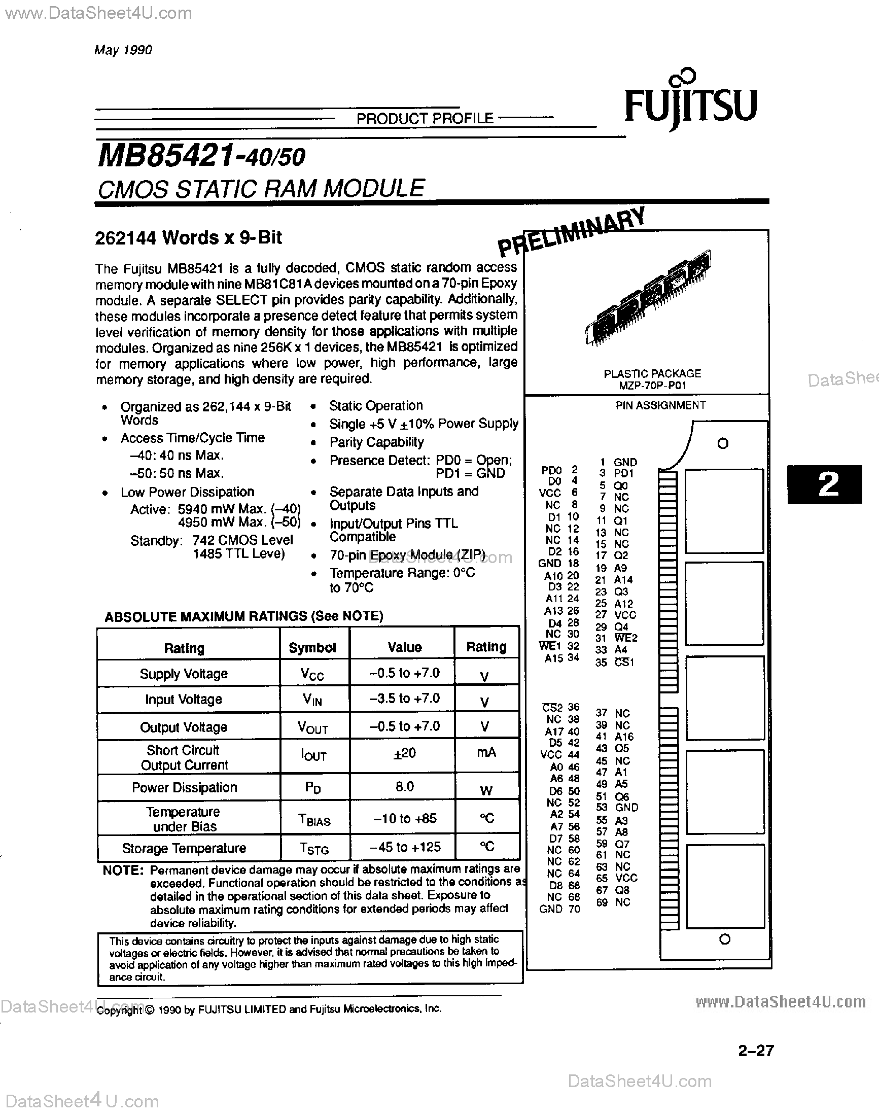 Datasheet MB85421 - 262144 Words x 9-Bit page 1