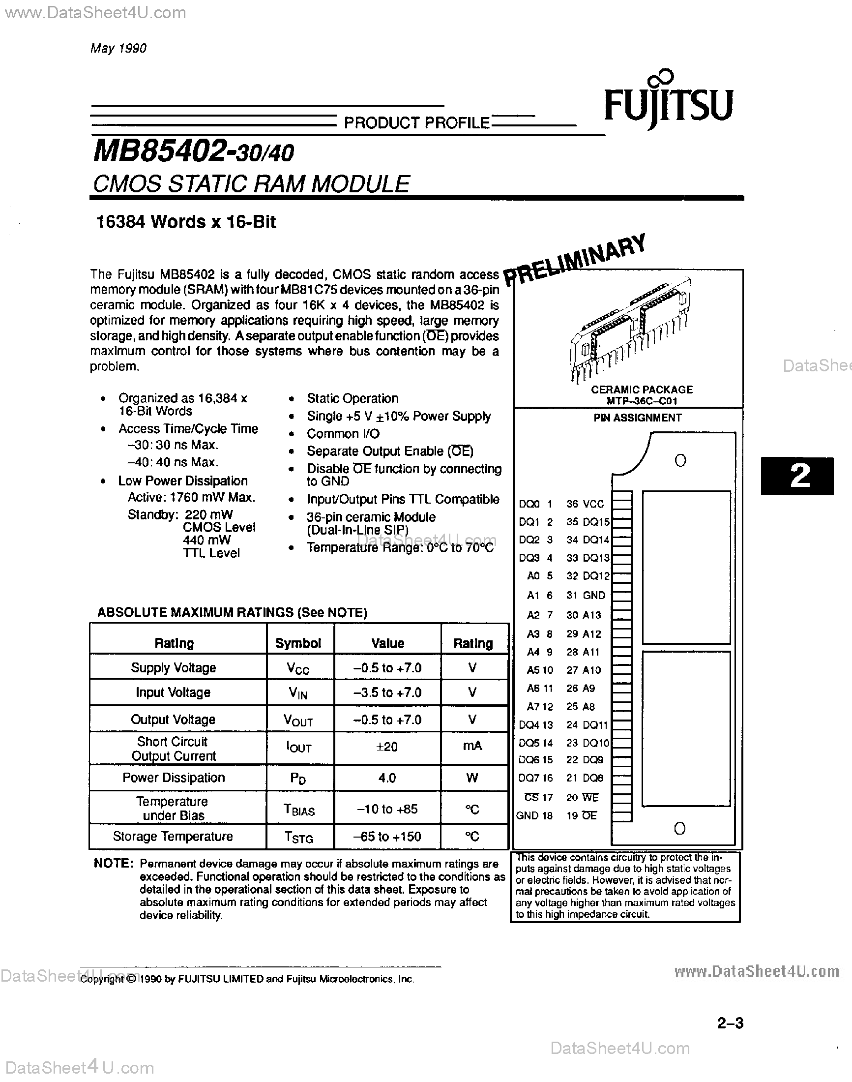 Datasheet MB85402 - 16384 Words x 16-Bit page 1