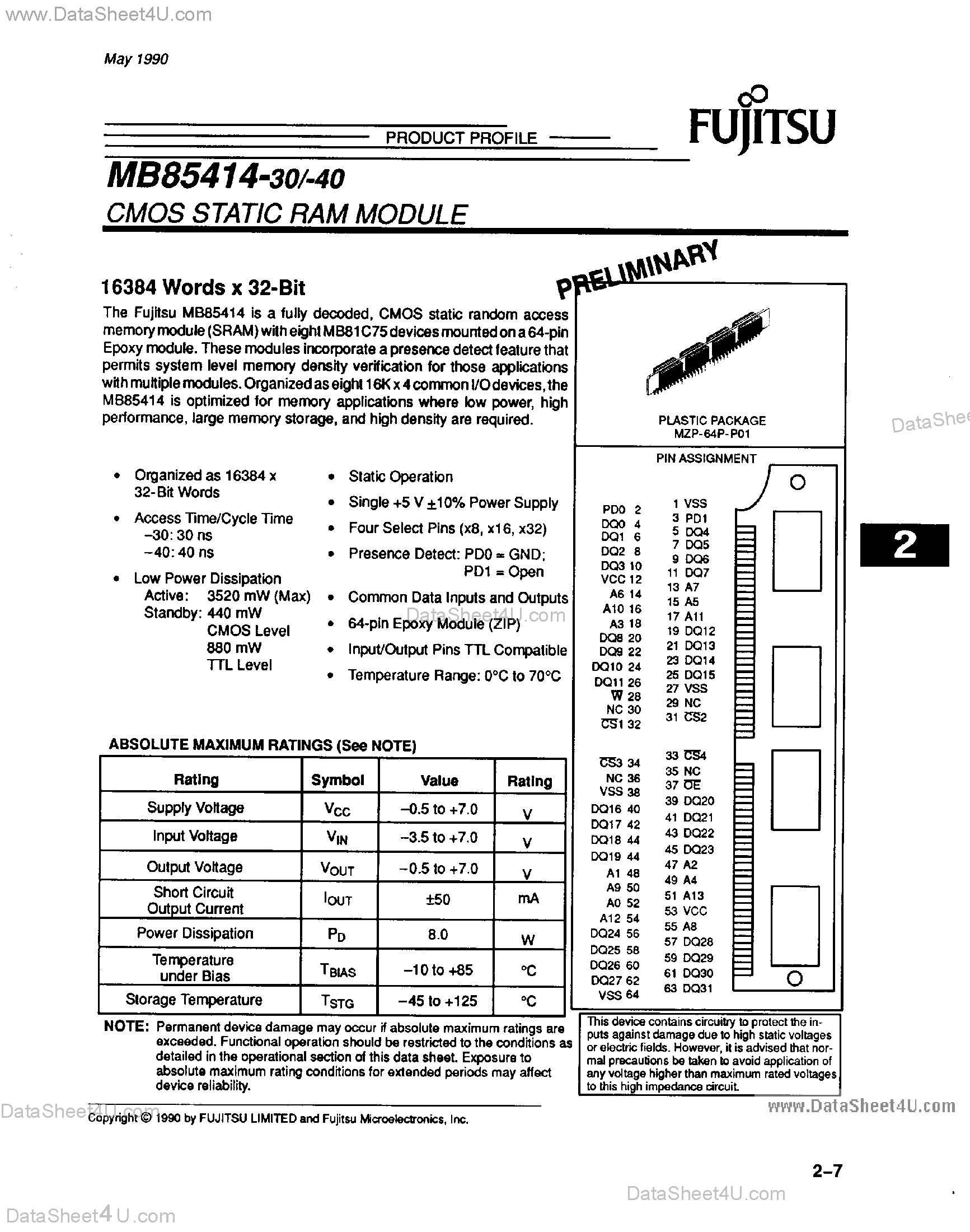 Datasheet MB85414 page 1 Datasheet MB85414 - 16384 Words x 32-Bit page 1