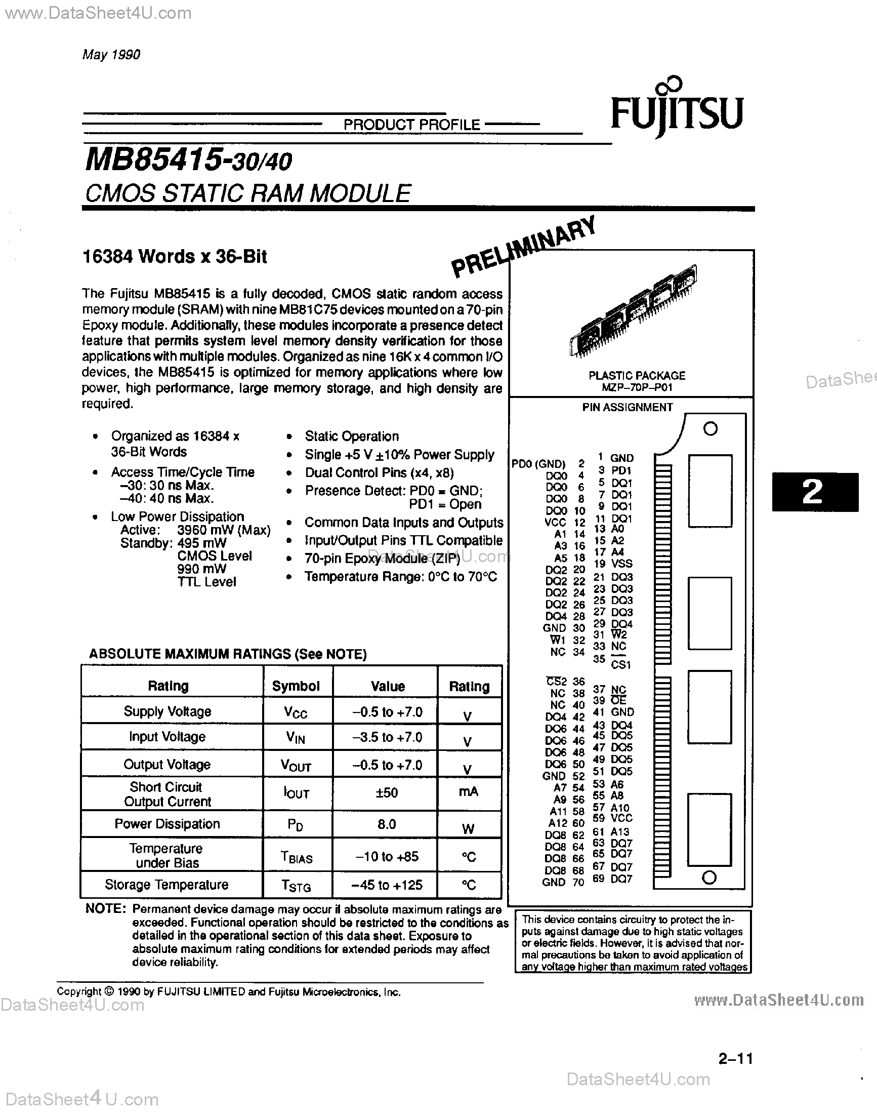 Datasheet MB85415 page 1 Datasheet MB85415 - 16384 Words x 36-Bit page 1