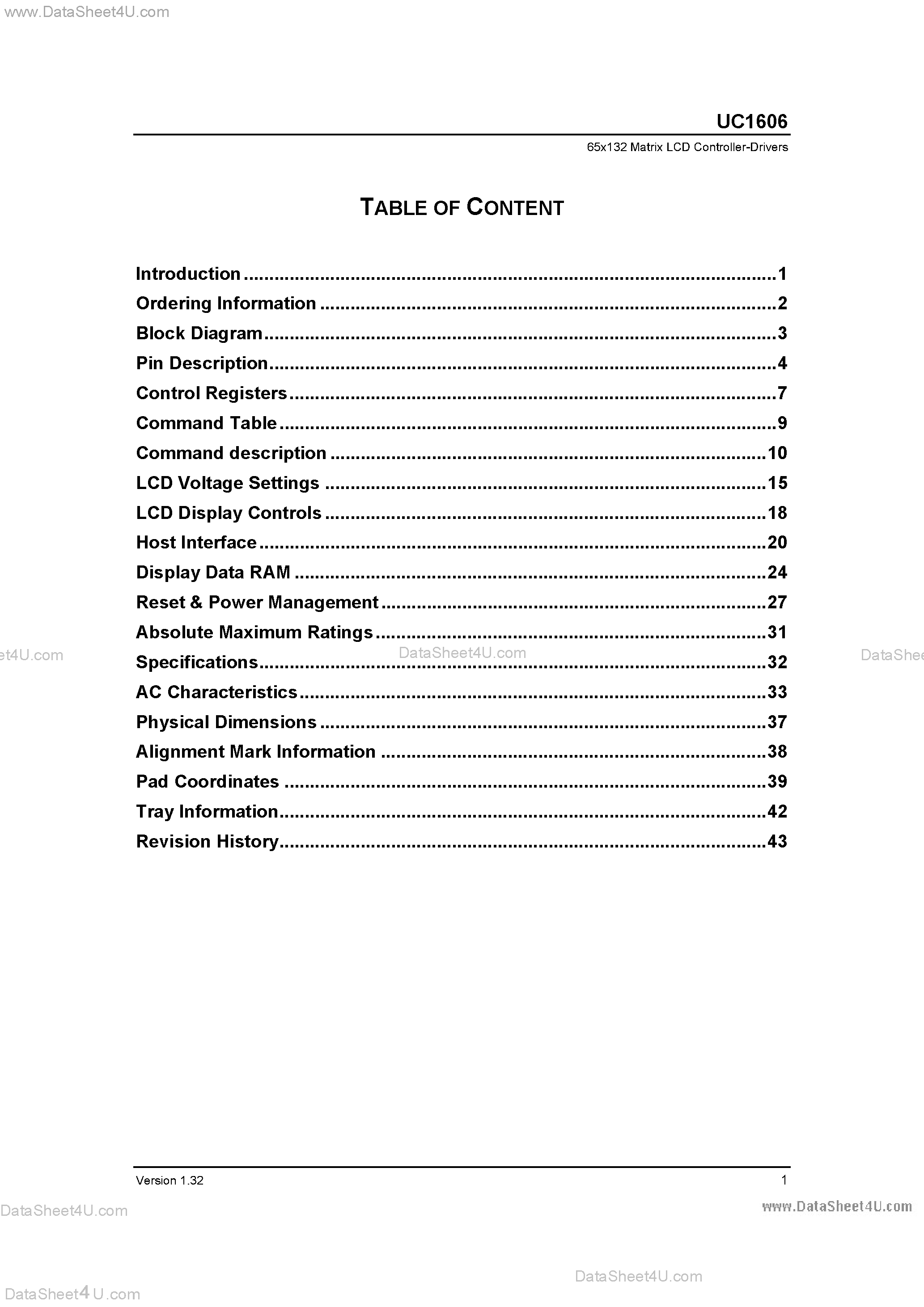 Даташит на микросхему UC1606 страница 2 Даташит UC1606 - 65COM x 132SEG Matrix LCD Controller-Driver страница 2