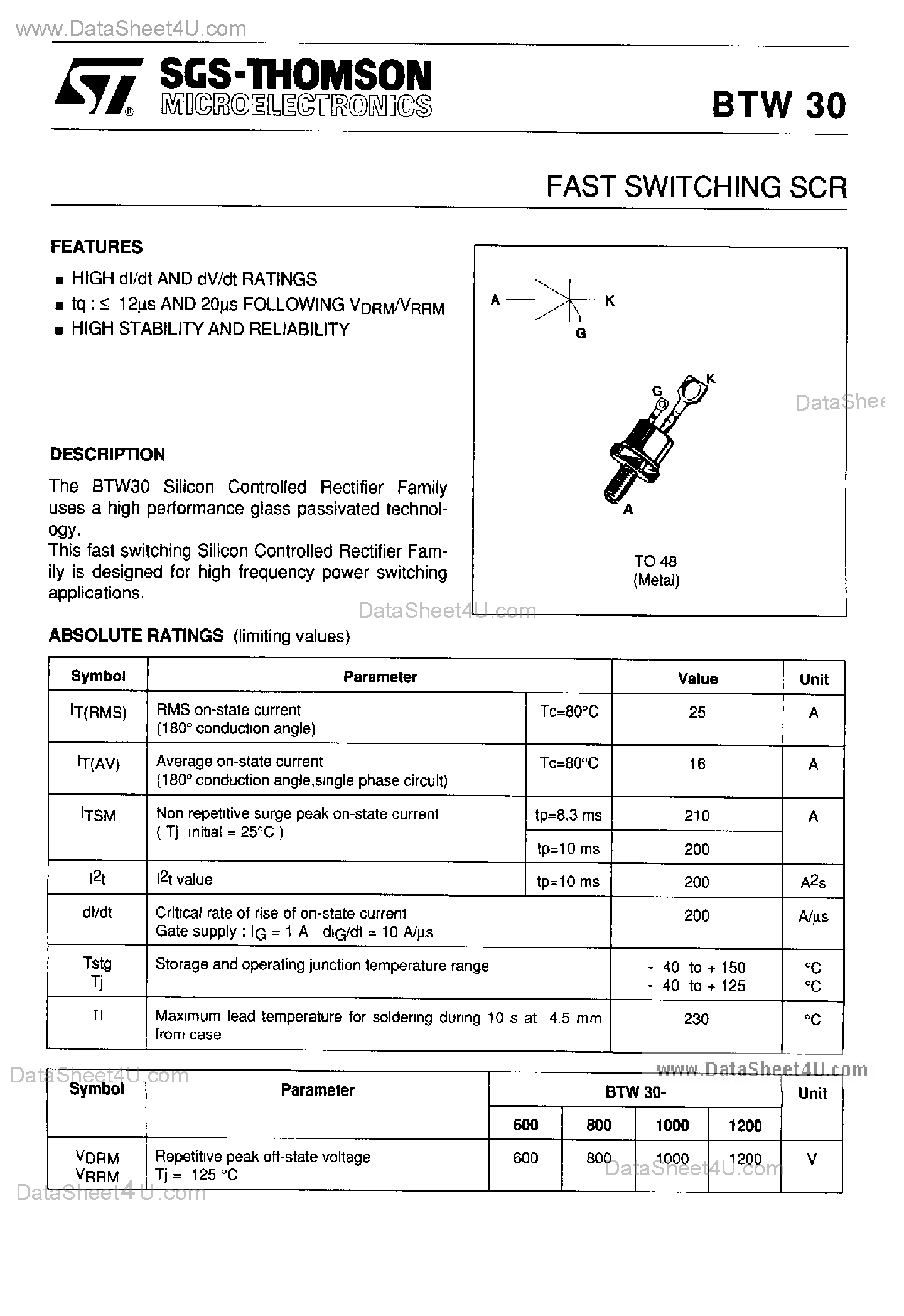 Даташит на микросхему BTW30 страница 1 Даташит BTW30 - Fast Switching SCR страница 1