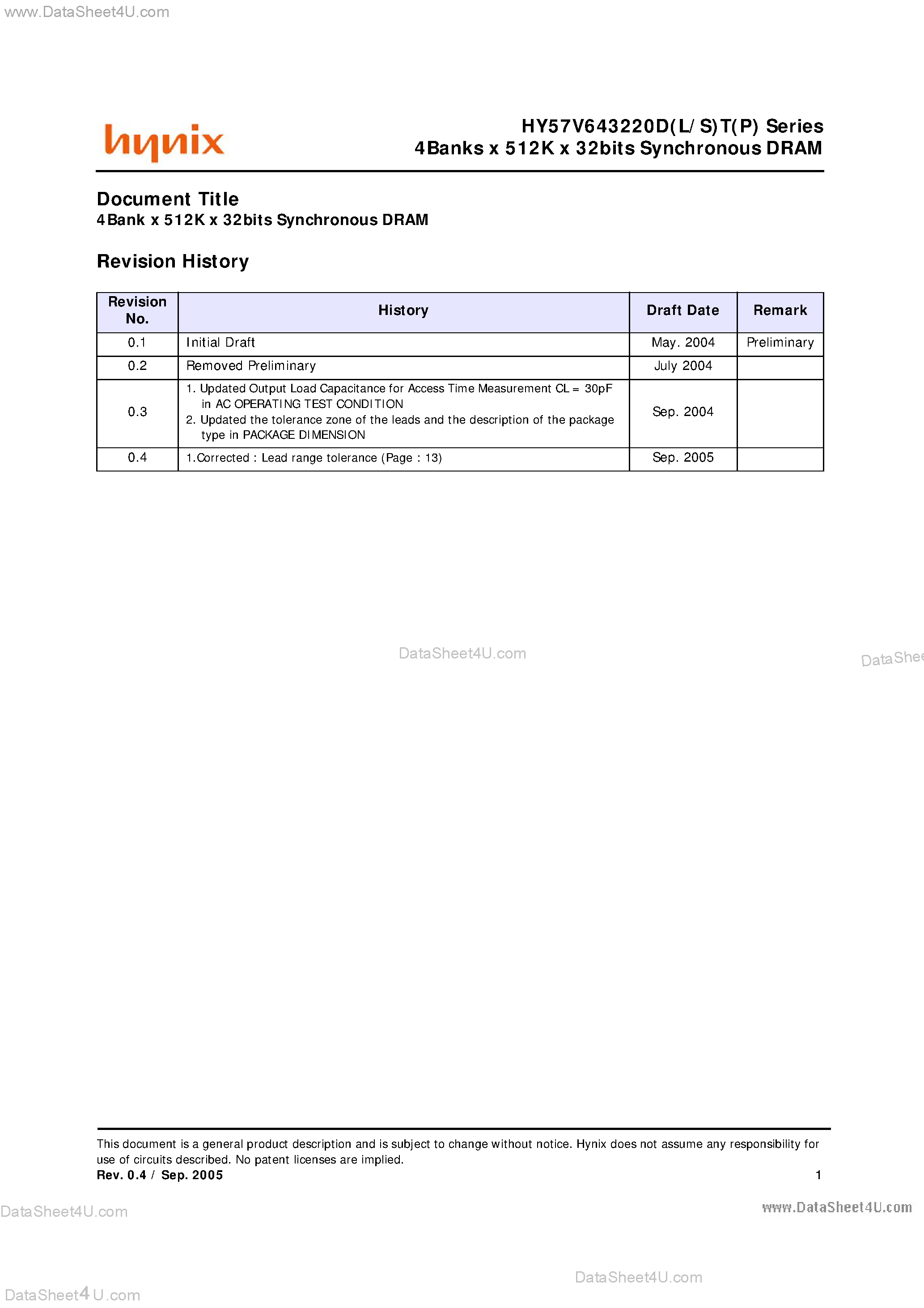 Datasheet HY57V643220D - 4 Bank x 512K x 32-Bit SDRAM page 1