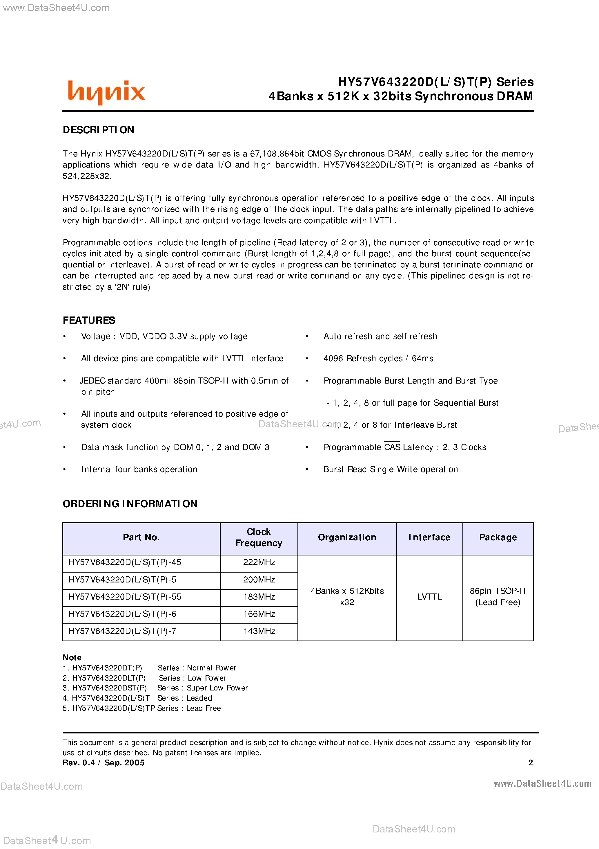 Datasheet HY57V643220D - 4 Bank x 512K x 32-Bit SDRAM page 2