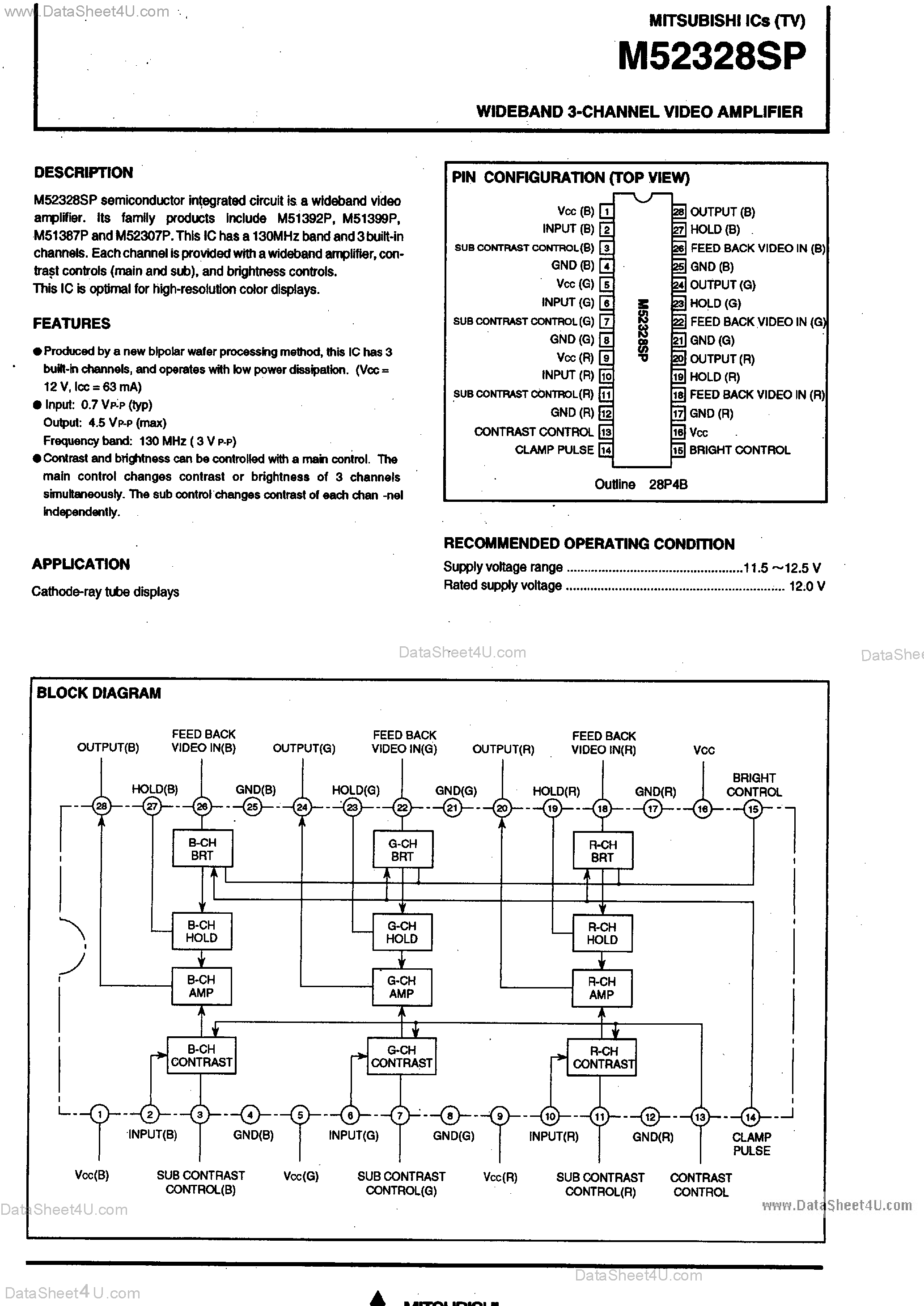 Datasheet M52328SP - Wideband 3-Channel Video Amplifier page 1