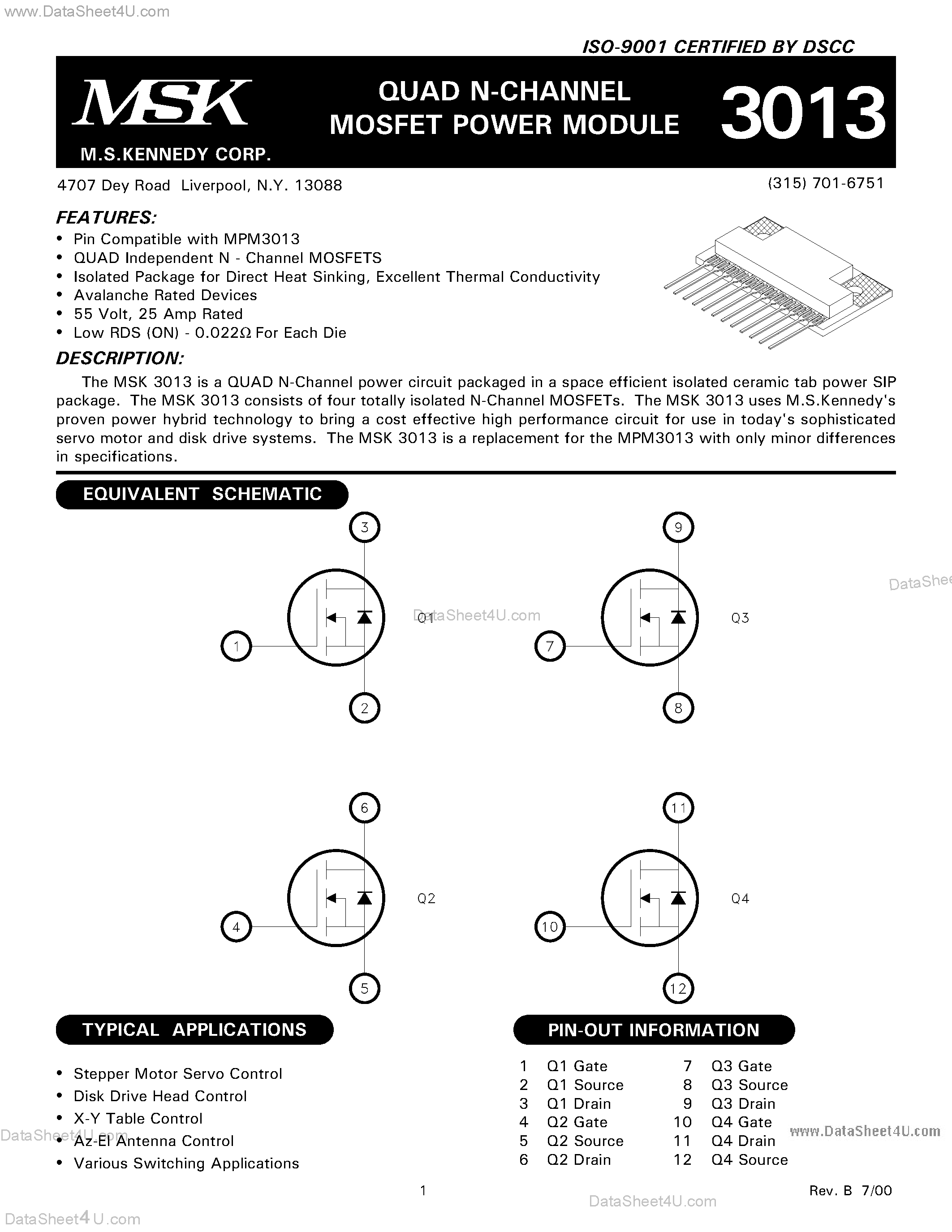 Datasheet MSK3013 - QUAD N-CHANNEL MOSFET POWER MODULE page 1
