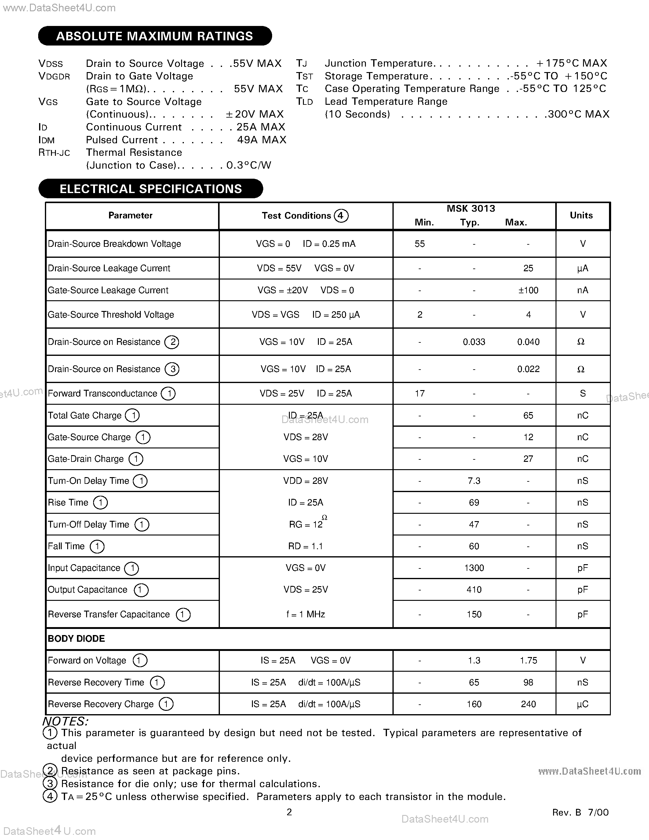 Datasheet MSK3013 - QUAD N-CHANNEL MOSFET POWER MODULE page 2