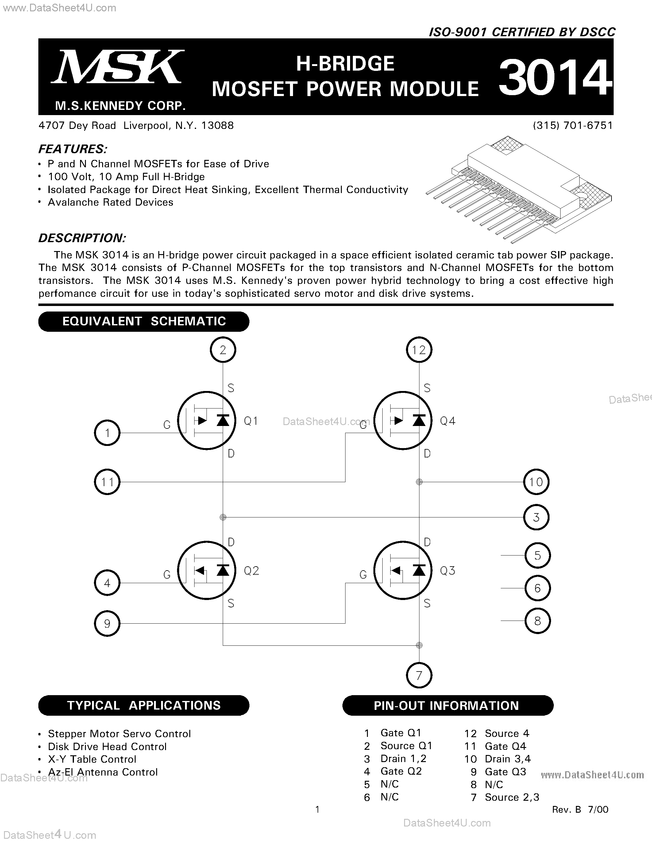 Datasheet MSK3014 page 1 Datasheet MSK3014 - H-BRIDGE MOSFET POWER MODULE page 1
