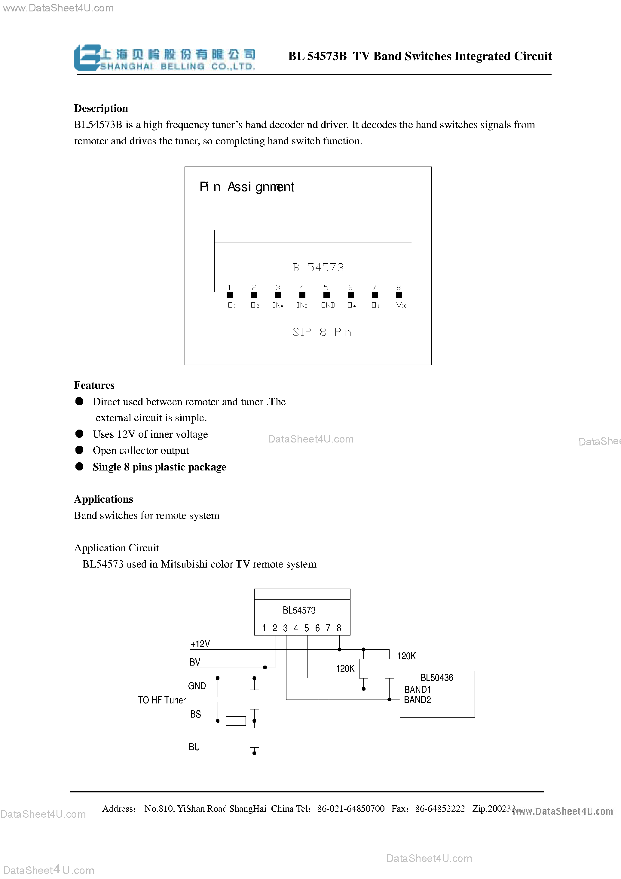 Даташит BL54573B - TV Band Switches Integrated Circuit страница 1