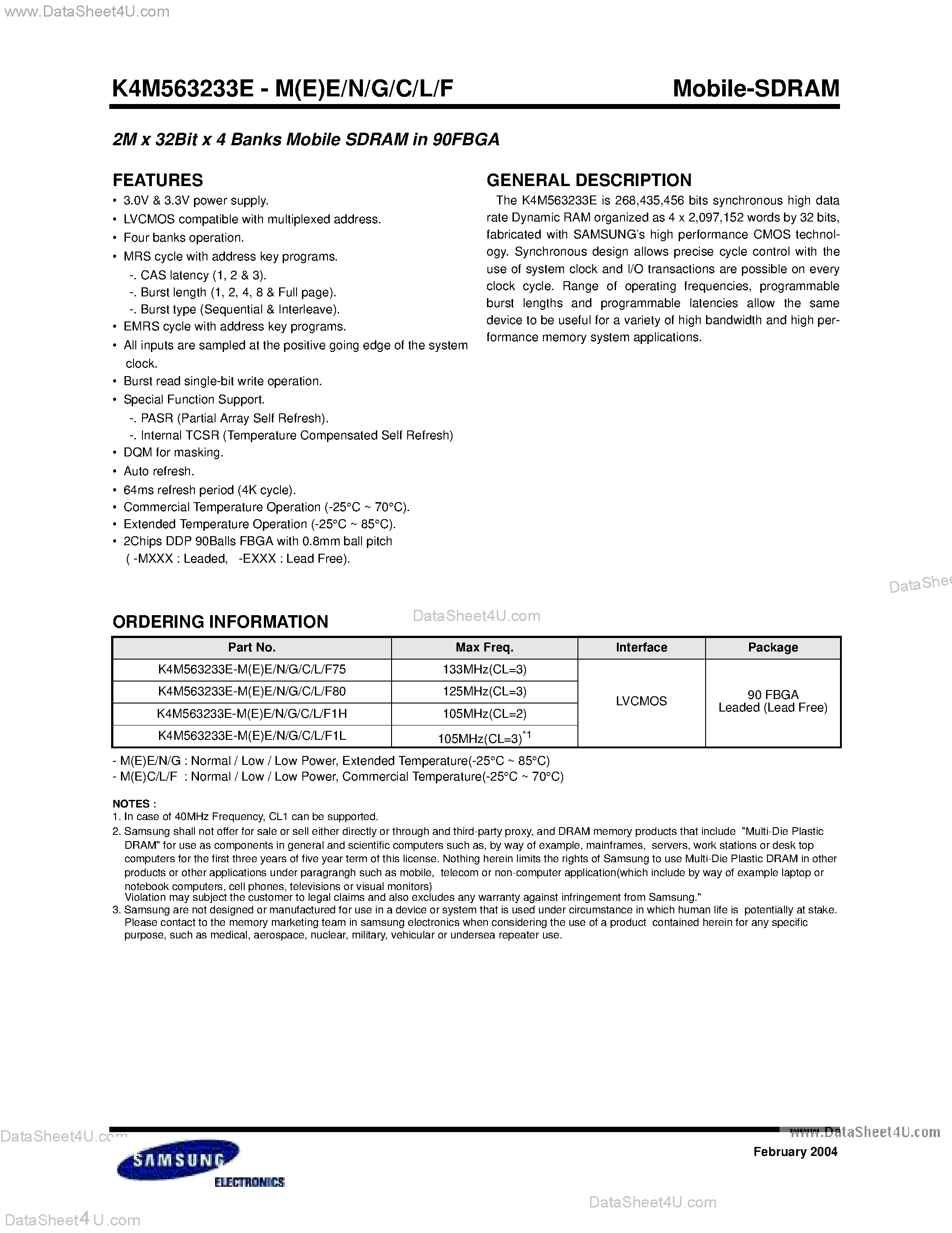 Datasheet K4M563233E - 2M x 32Bit x 4 Banks Mobile SDRAM in 90FBGA page 1