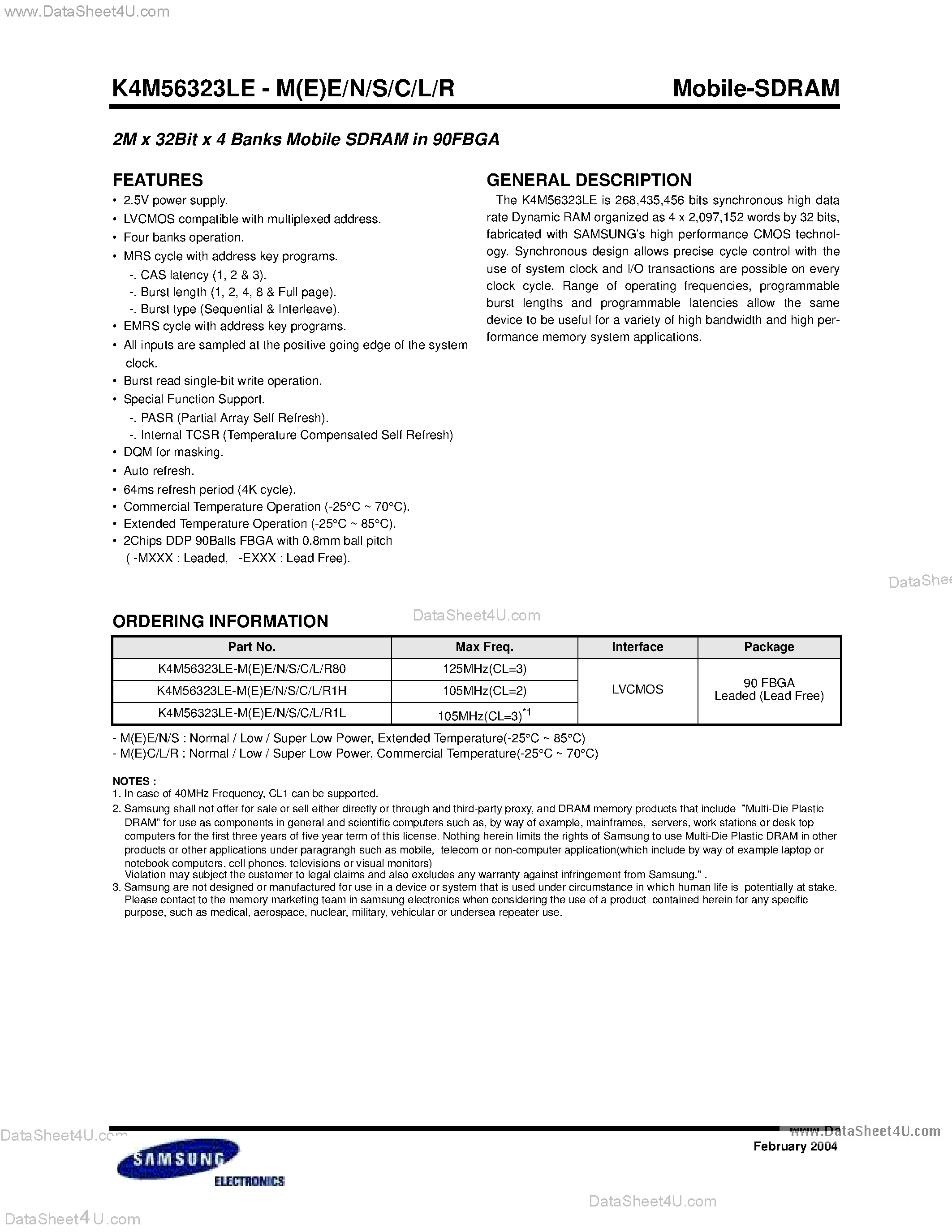 Datasheet K4M56323LE - 2M x 32Bit x 4 Banks Mobile SDRAM in 90FBGA page 1