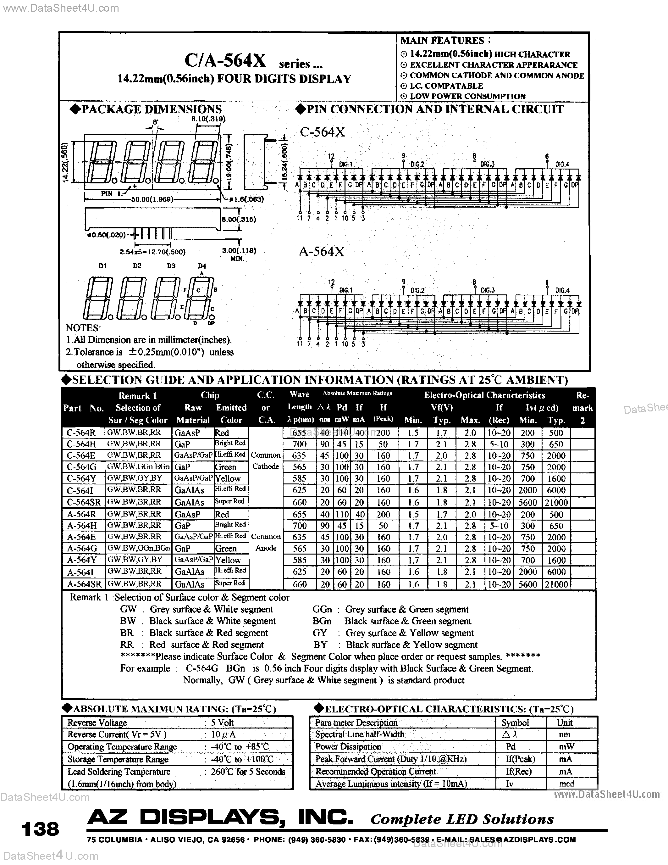 Datasheet A-564 page 1 Datasheet A-564 - (A-564x) LED Display page 1