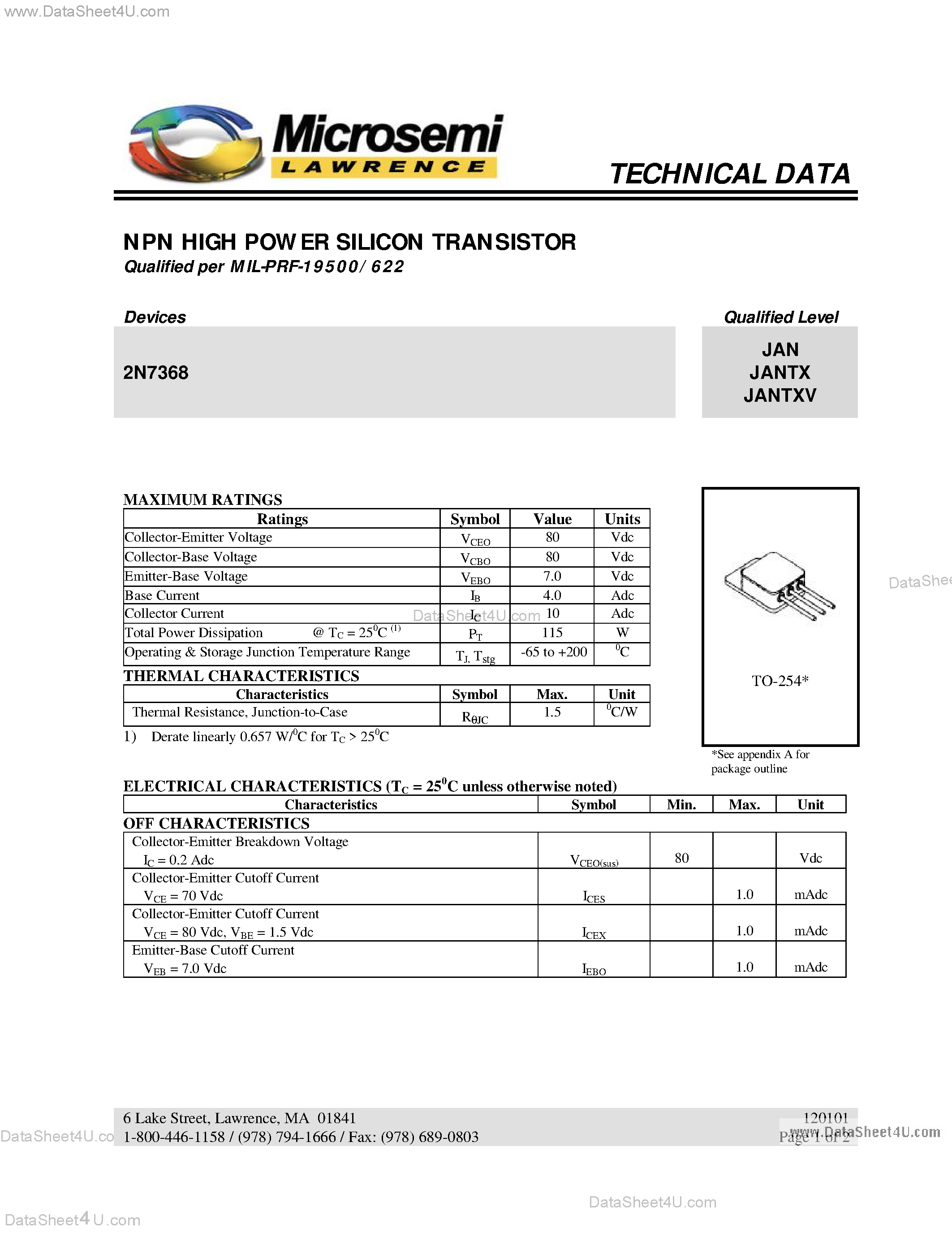 Datasheet 2N7368 - NPN HIGH POWER SILICON TRANSISTOR page 1