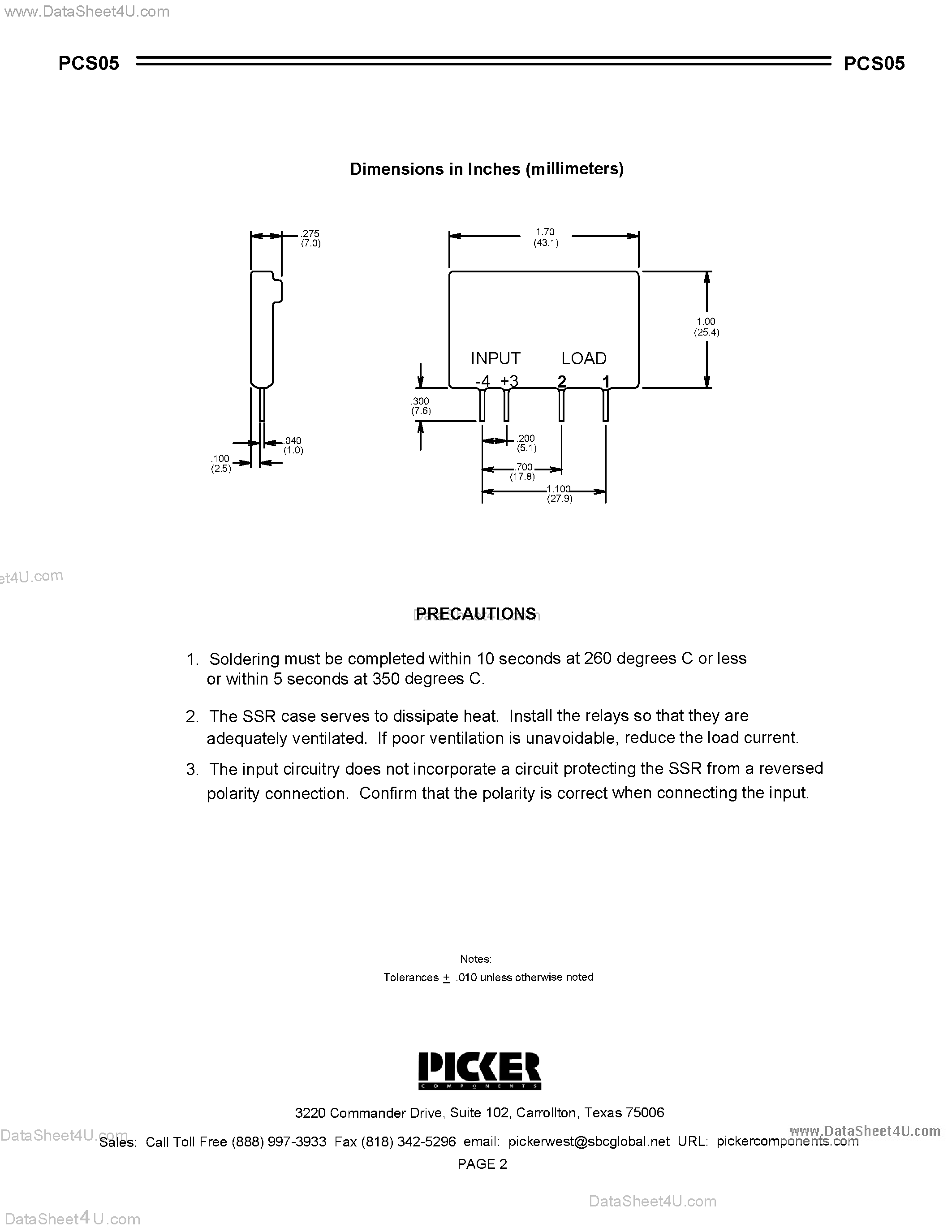 Datasheet PCS05 - Printed Circuit Board Solid State Relay page 2