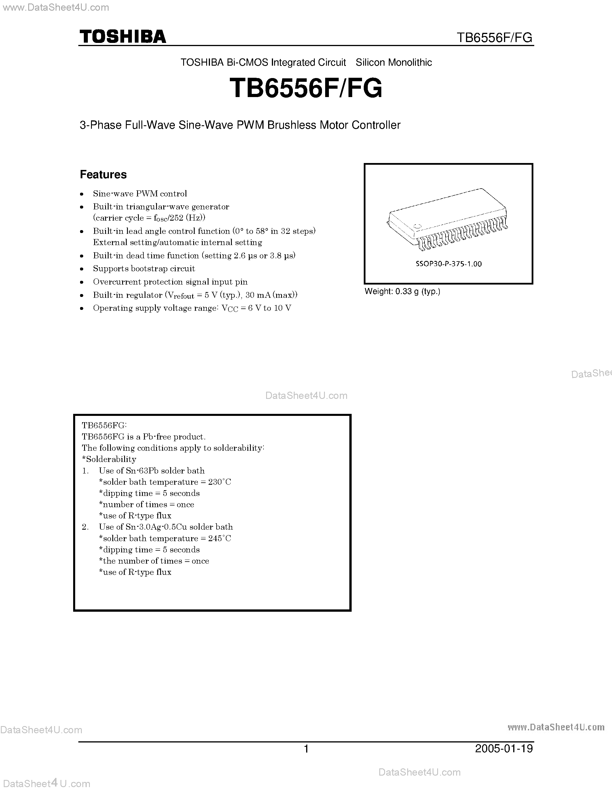 Datasheet TB6556F - 3-Phase Full-Wave Sine-Wave PWM Brushless Motor Controller page 1