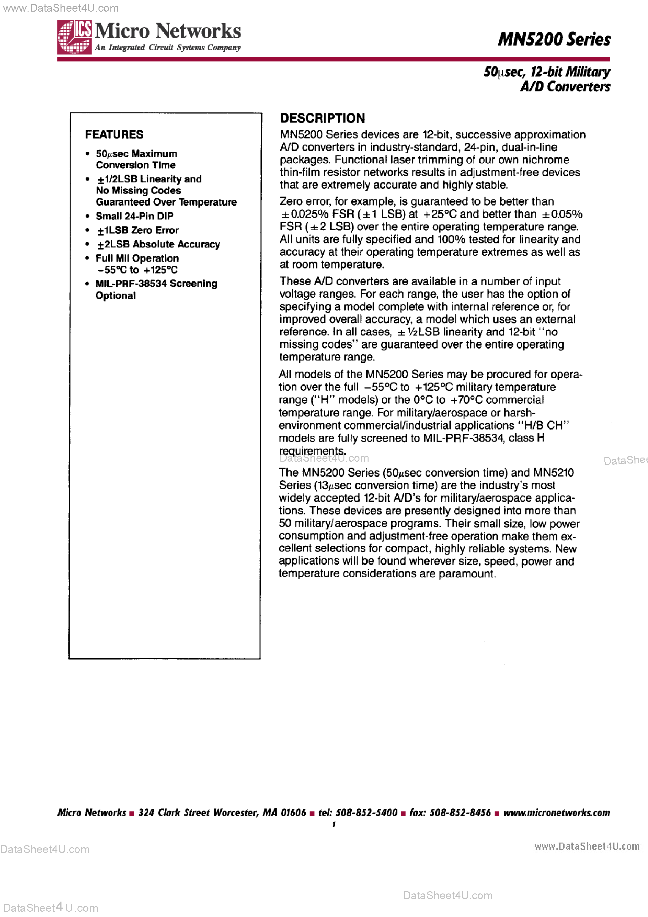 Даташит MN5200 - (MN5200 Series) 12-bit Military A/D Converters страница 1