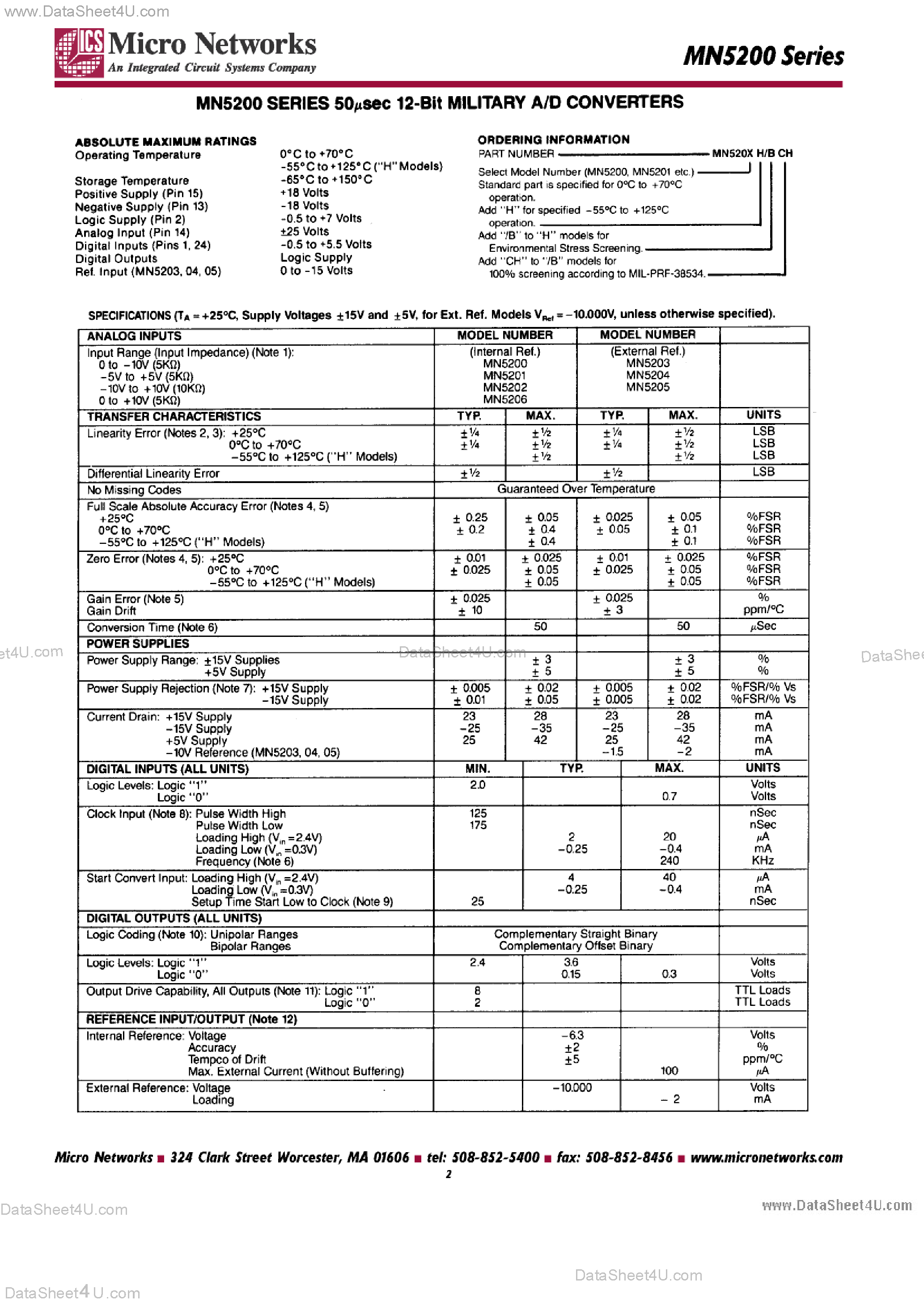 Даташит MN5200 - (MN5200 Series) 12-bit Military A/D Converters страница 2
