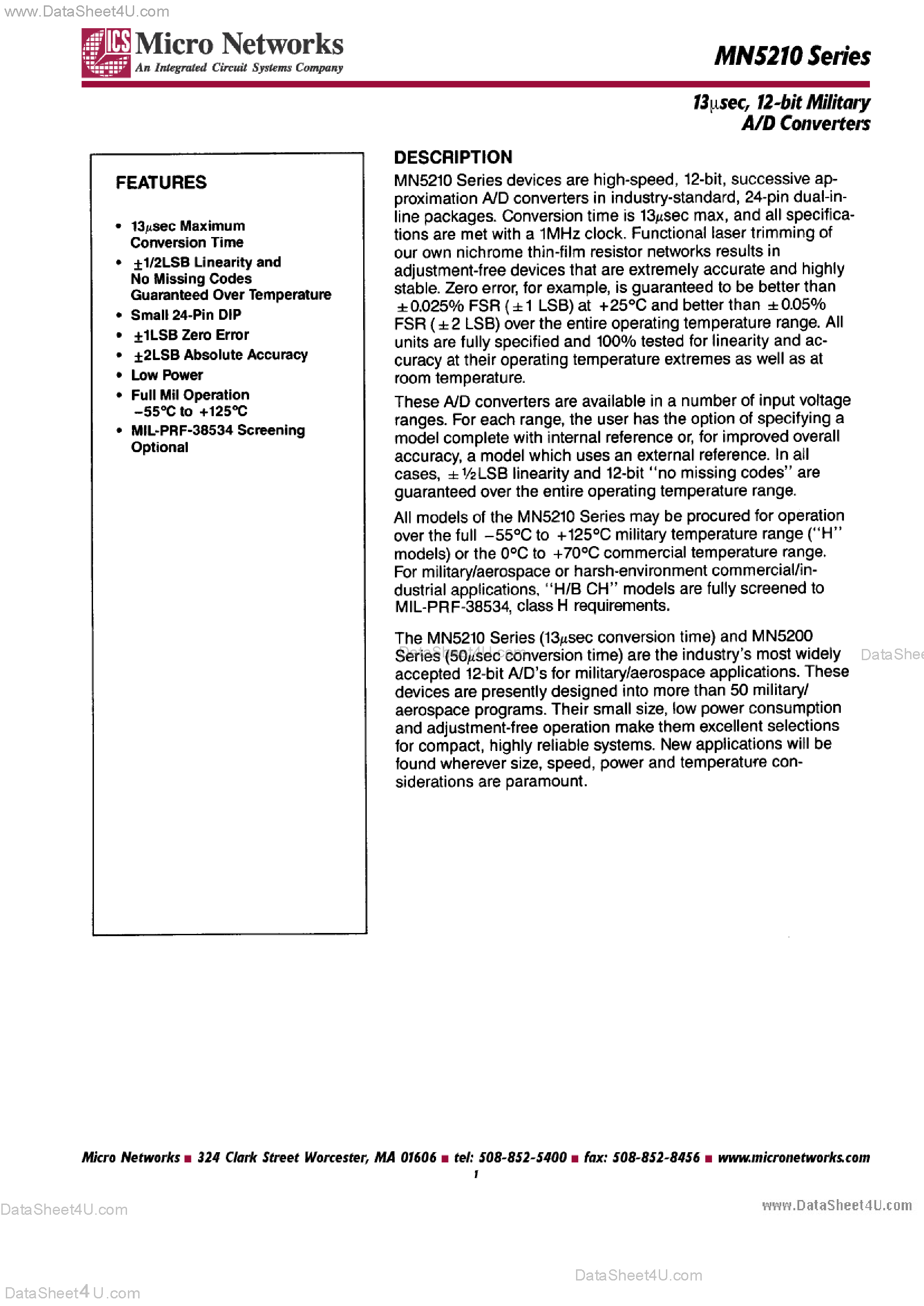 Даташит MN5210 - (MN5210 Series) 12-bit Military A/D Converters страница 1