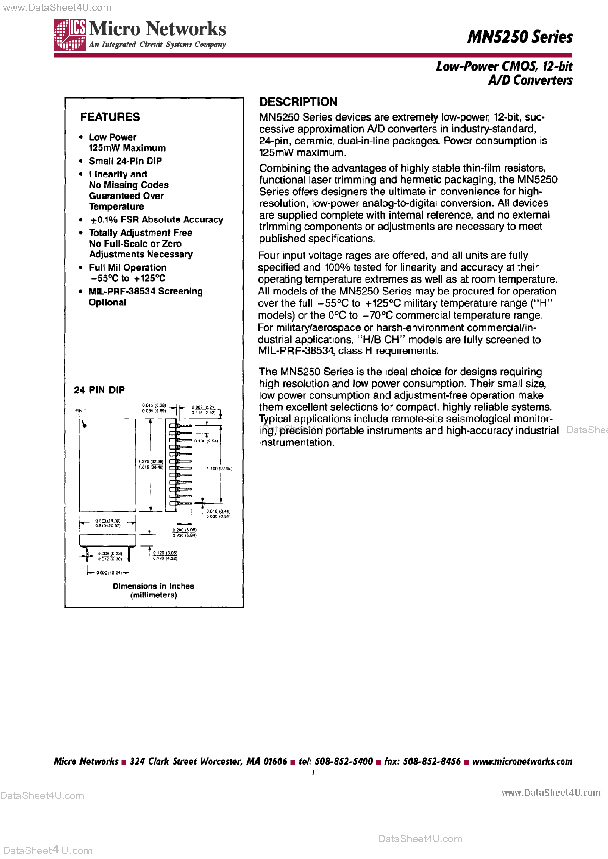 Даташит MN5250 - (MN5250 Series) LOW POWER CMOS 12-BIT A/D CONVERTERS страница 1