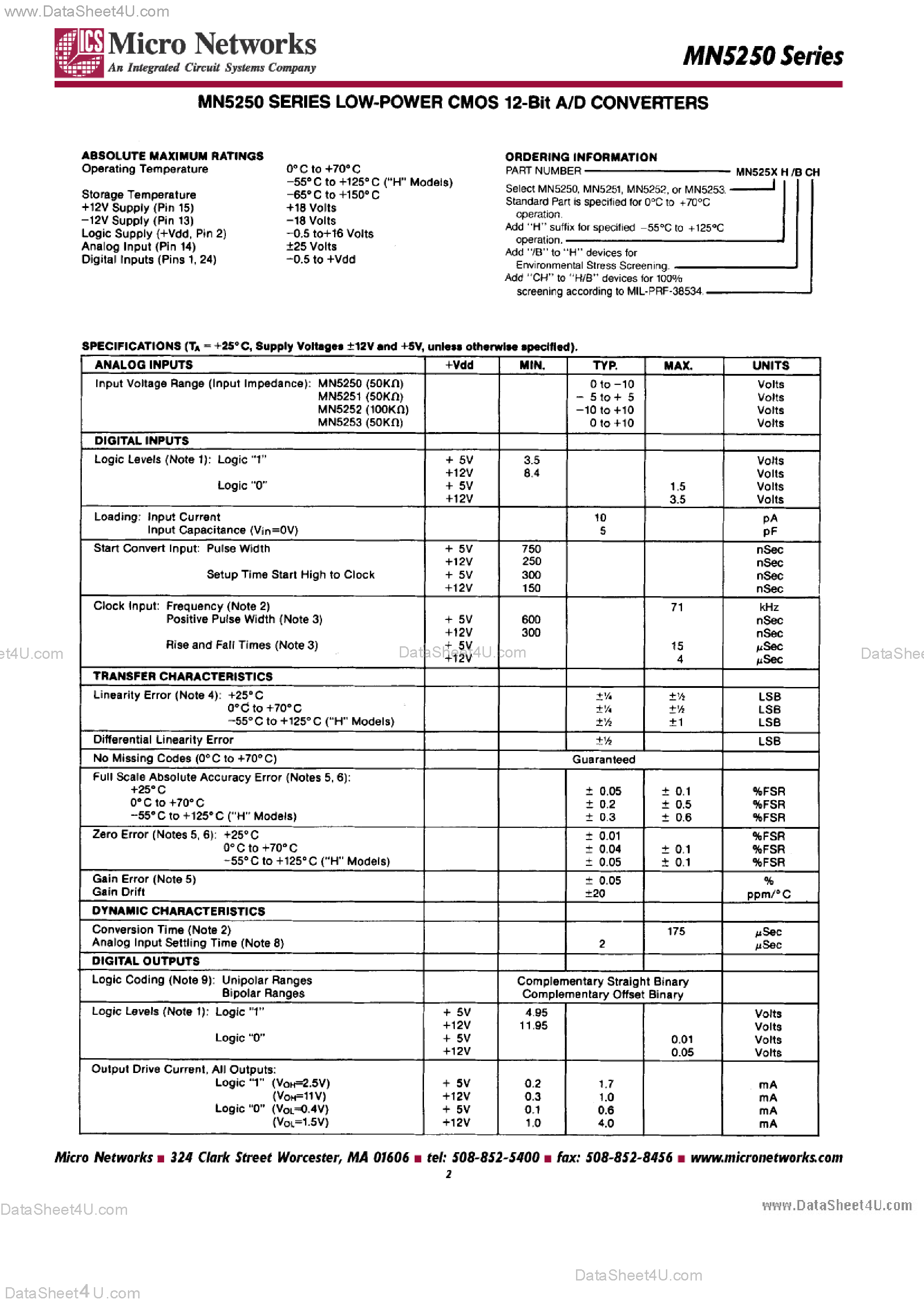 Даташит MN5250 - (MN5250 Series) LOW POWER CMOS 12-BIT A/D CONVERTERS страница 2