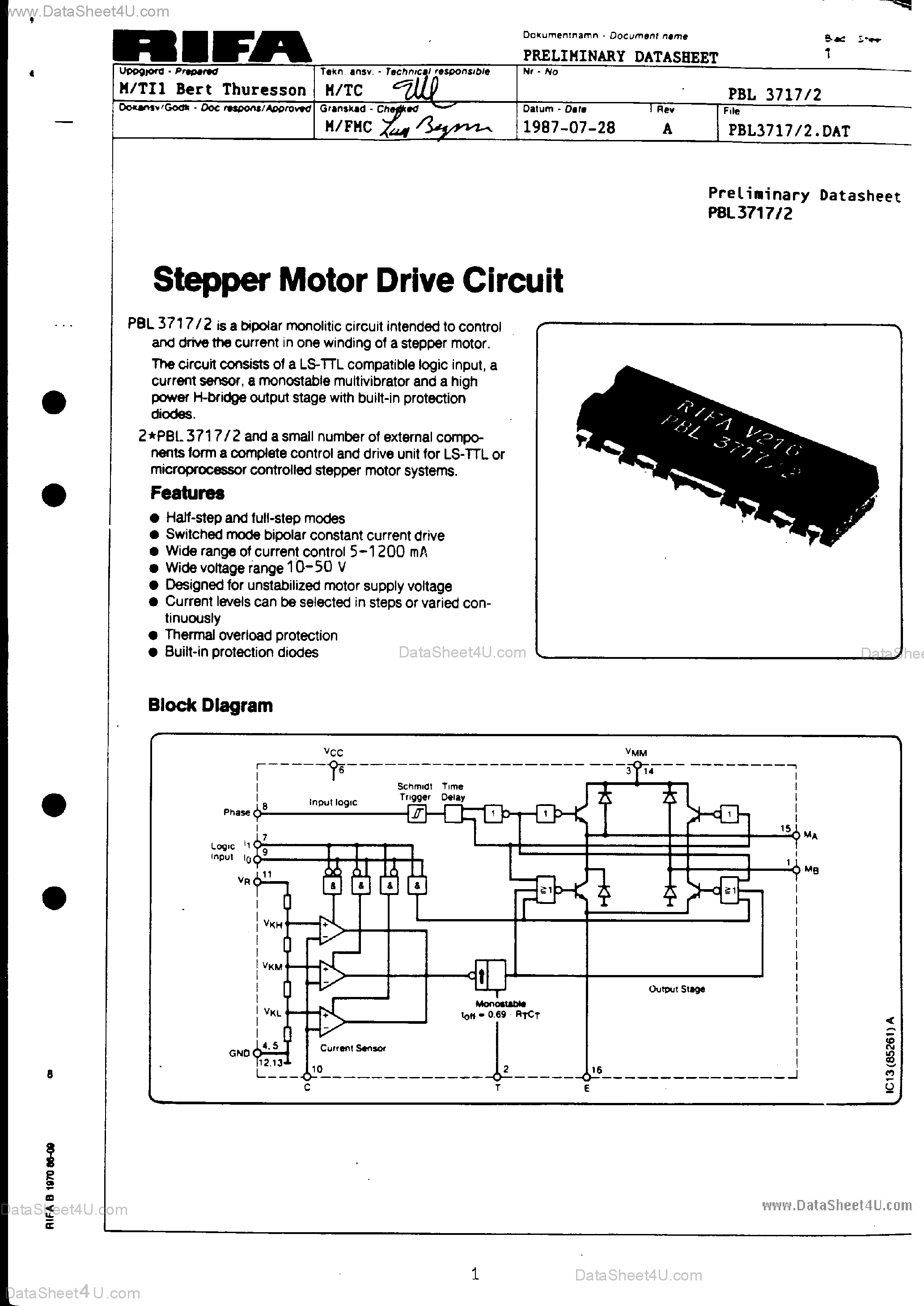 Datasheet PBL3717/2 - Stepper Motor Drive Circuit page 1