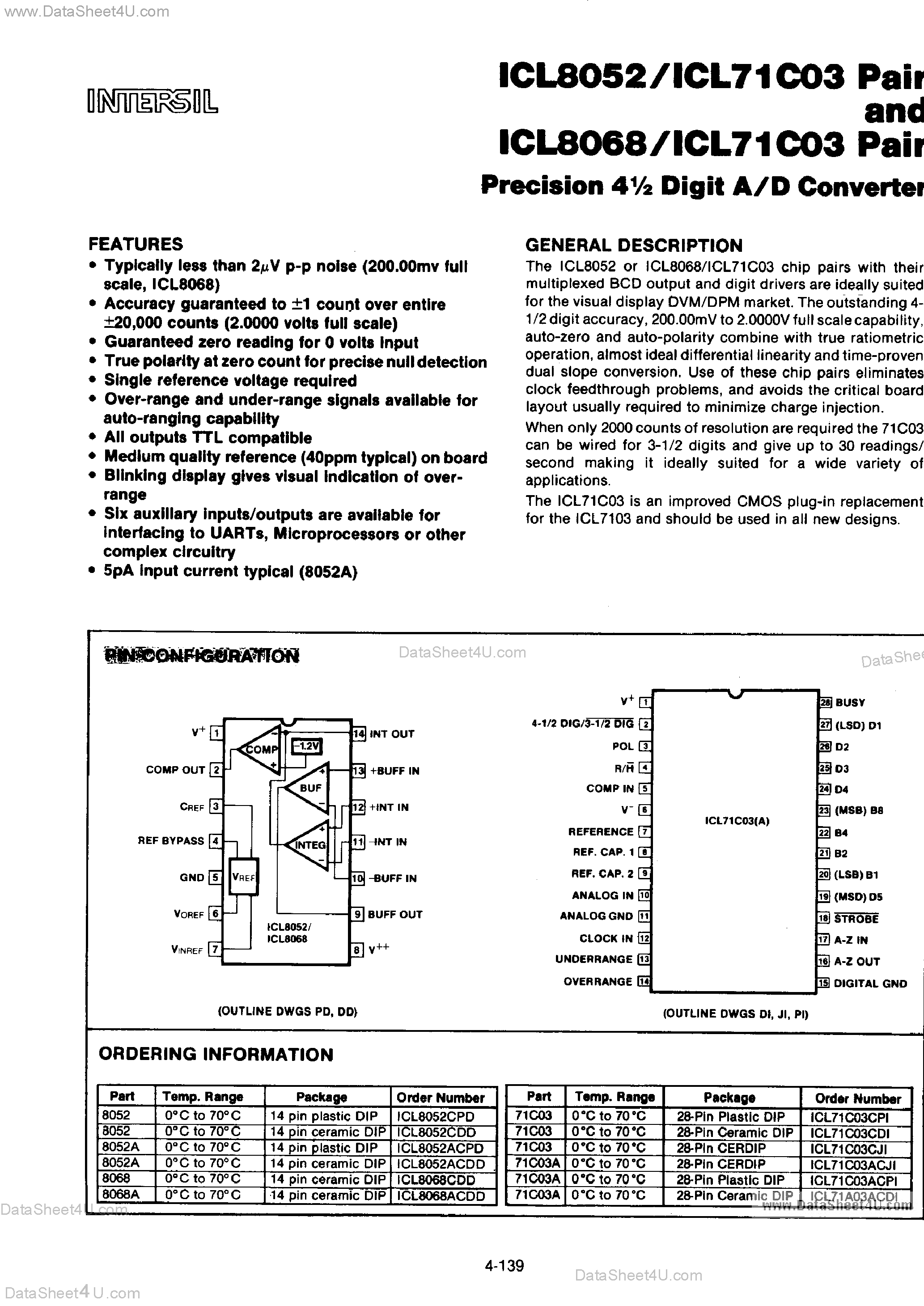 Даташит ICL7103 - (ICL7103 / ICL8052 / ICL8068) Precision 4 1/2 Digit A/D Converter страница 1