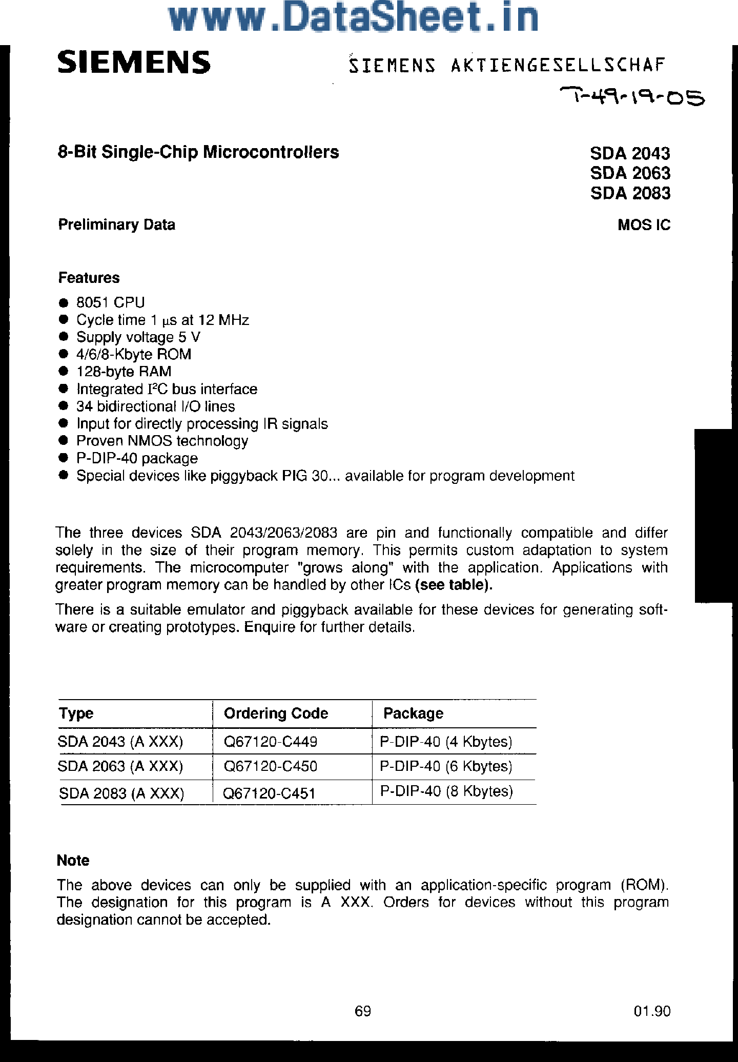Даташит SDA-2083 - (SDA2043 / SDA2063 / SDA2083) 8-Bit Single-Chip Microcontrollers страница 1