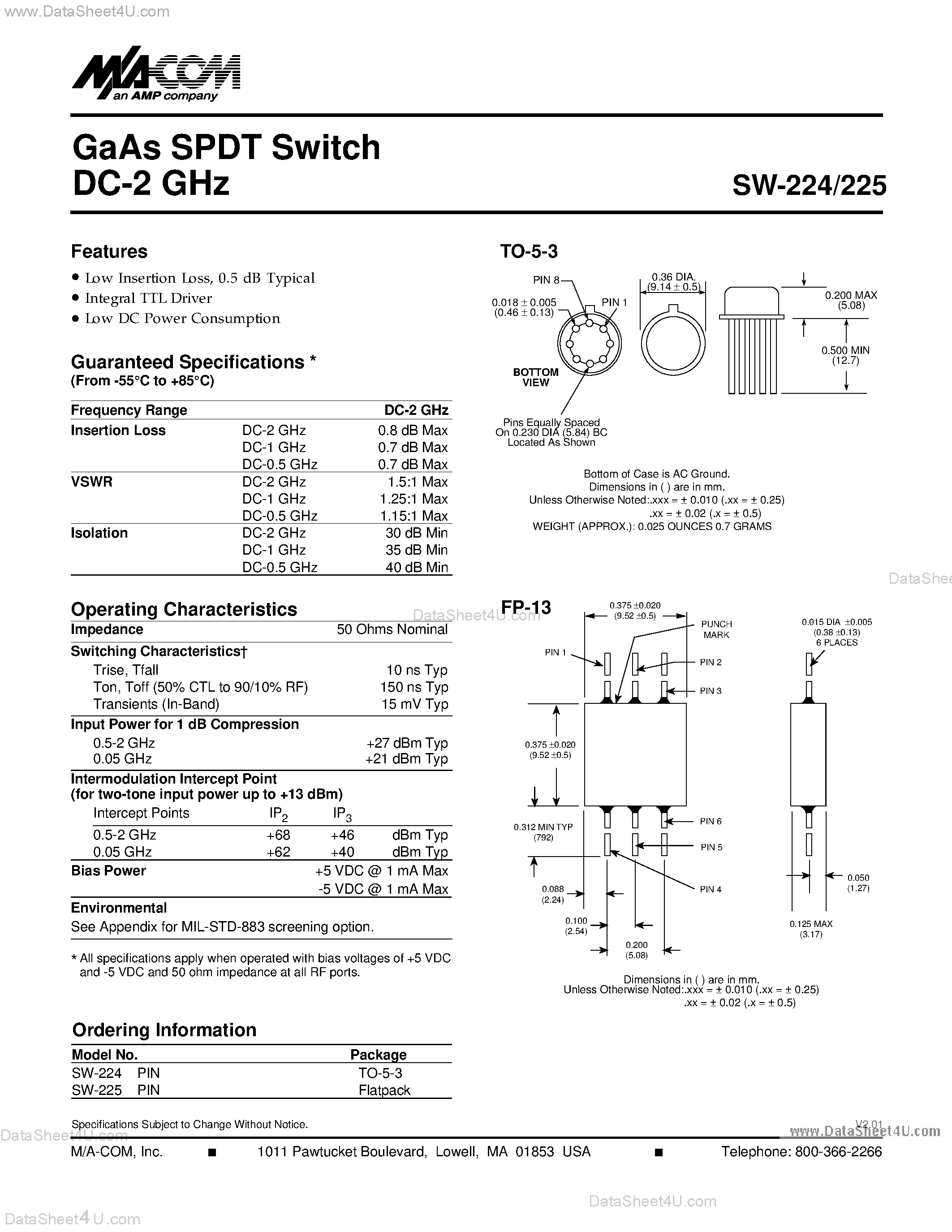 Datasheet SW-224 - (SW-224 / SW-225) GaAs SPDT Switch DC-2 GHz page 1