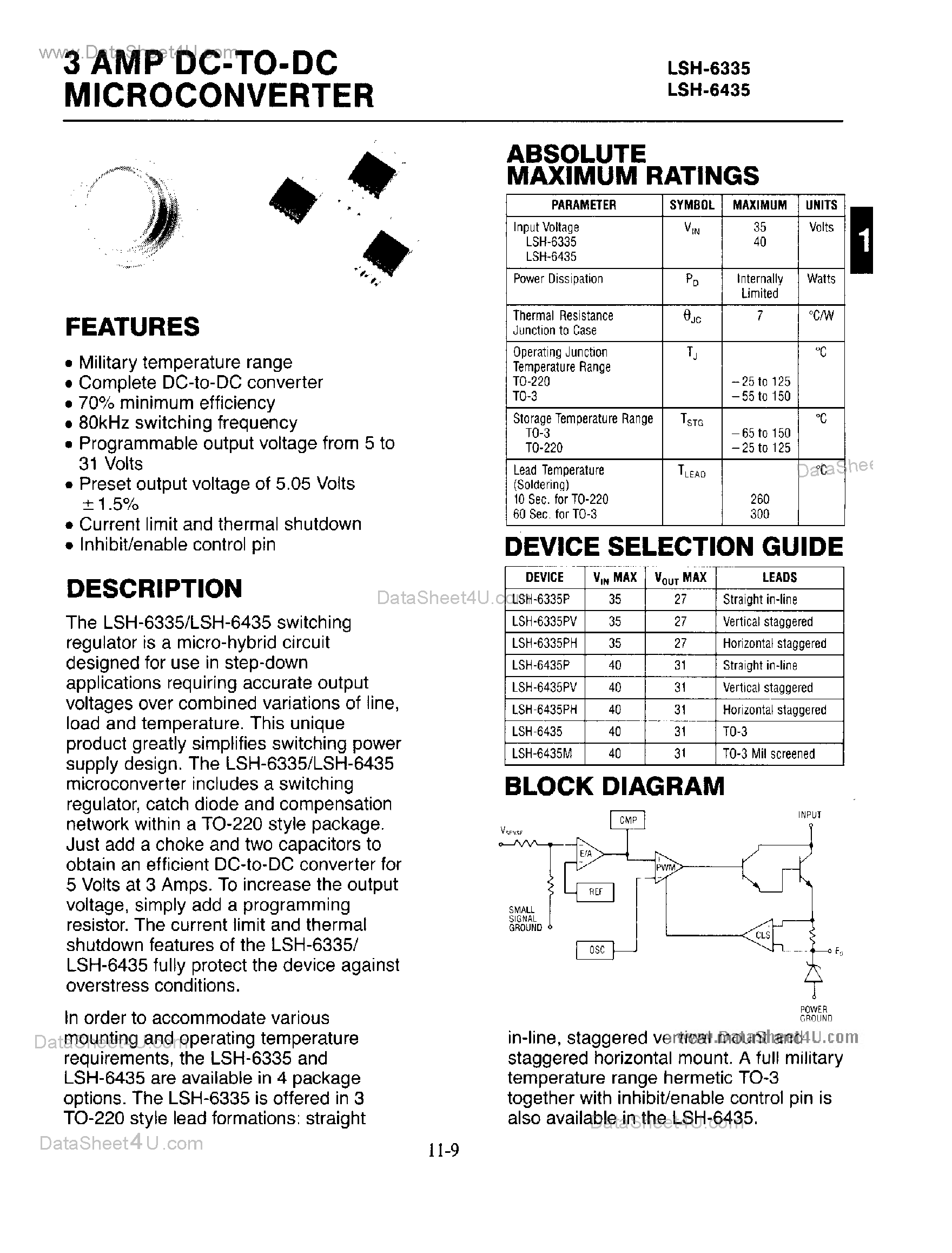 Datasheet LSH-6335 - (LSH6335 / LSH6435) 3 Amp DC to DC Microconverters page 1