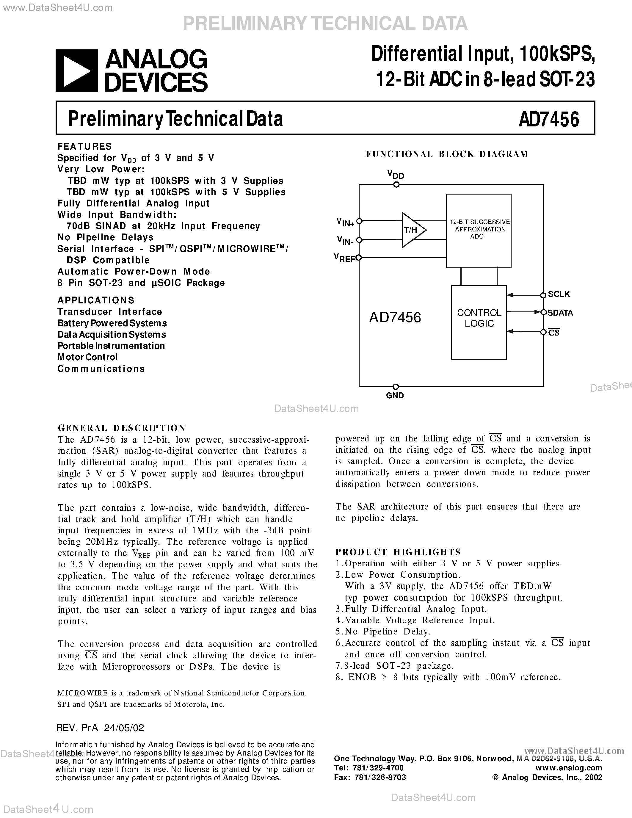 Datasheet AD7456 - Differential Input / 12-Bit ADC page 1