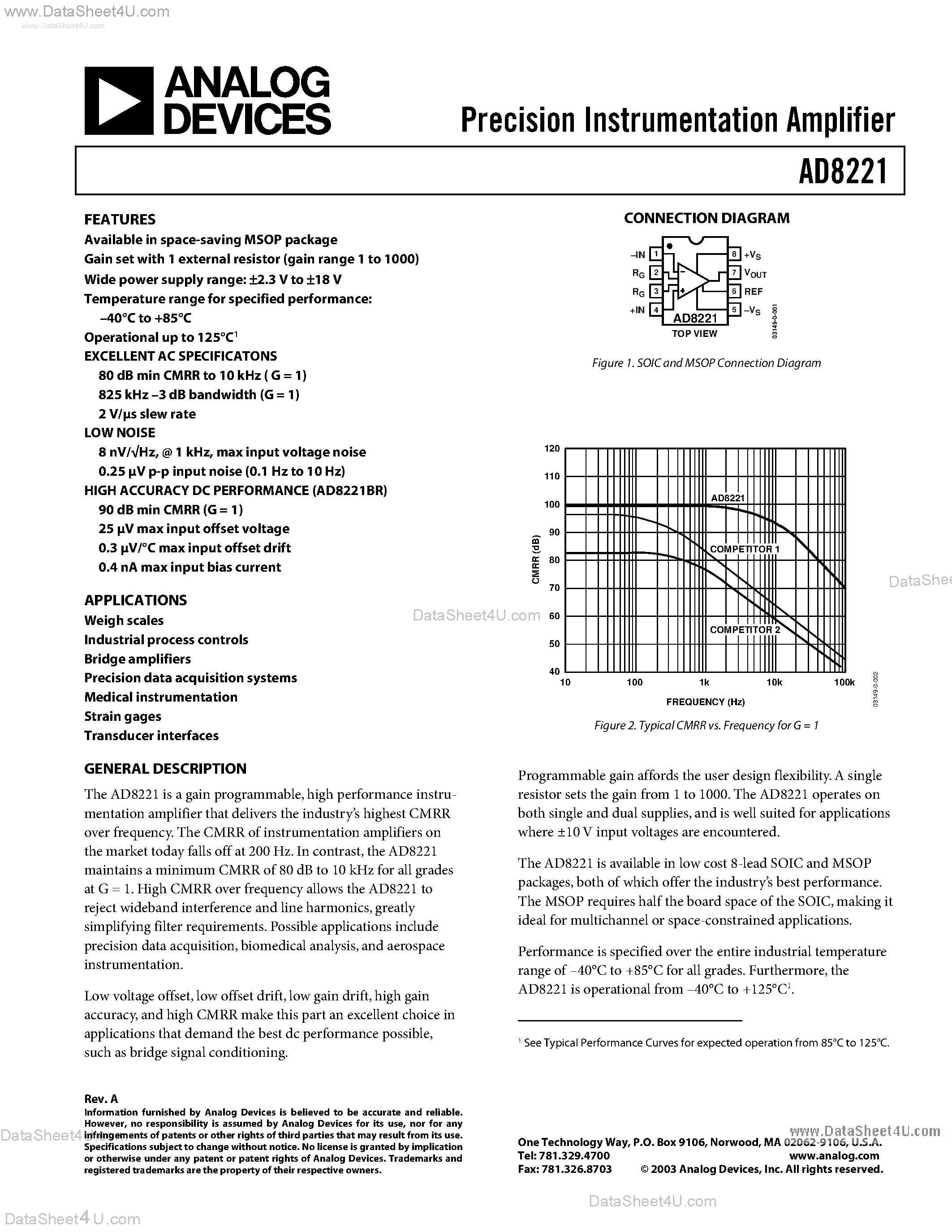 Даташит AD8221 - Precision Instrumentation Amplifier страница 1