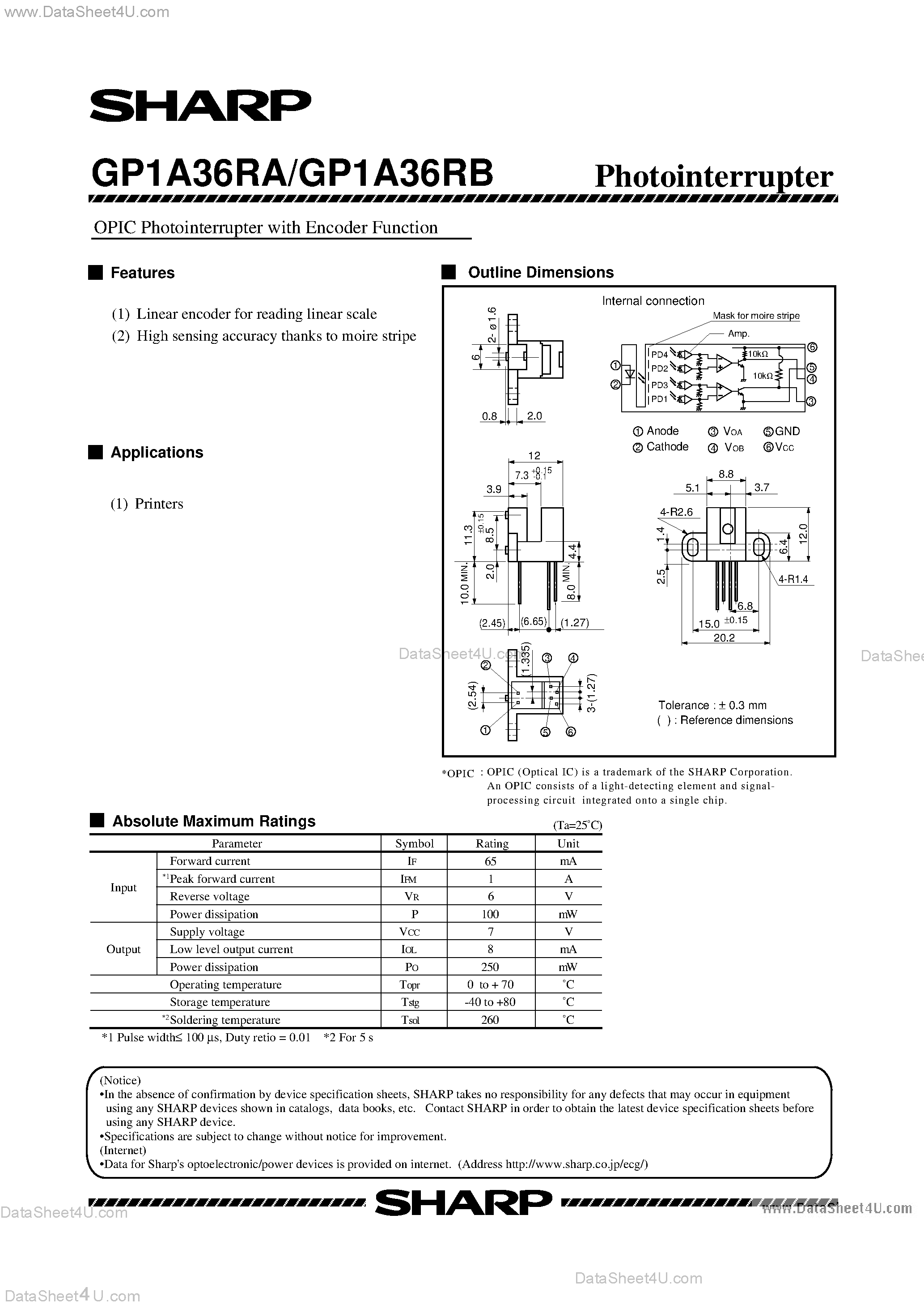 Datasheet GP1A36RB - (GP1A36RA / GP1A36RB) Opic Photointerrupter With Encoder Function in a Case Type Package page 1