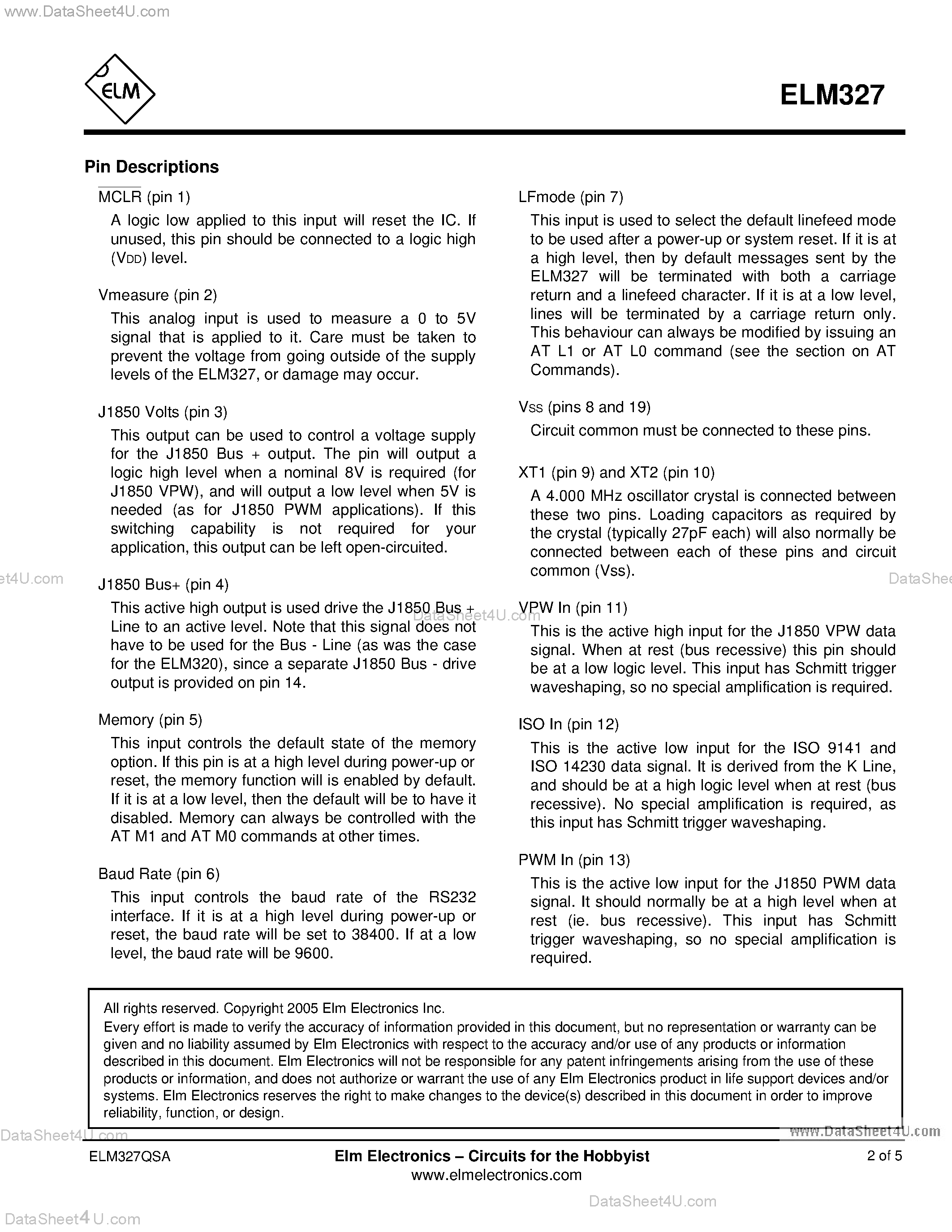 Даташит на микросхему ELM327 страница 2 Даташит ELM327 - OBD to RS232 Interpreter страница 2