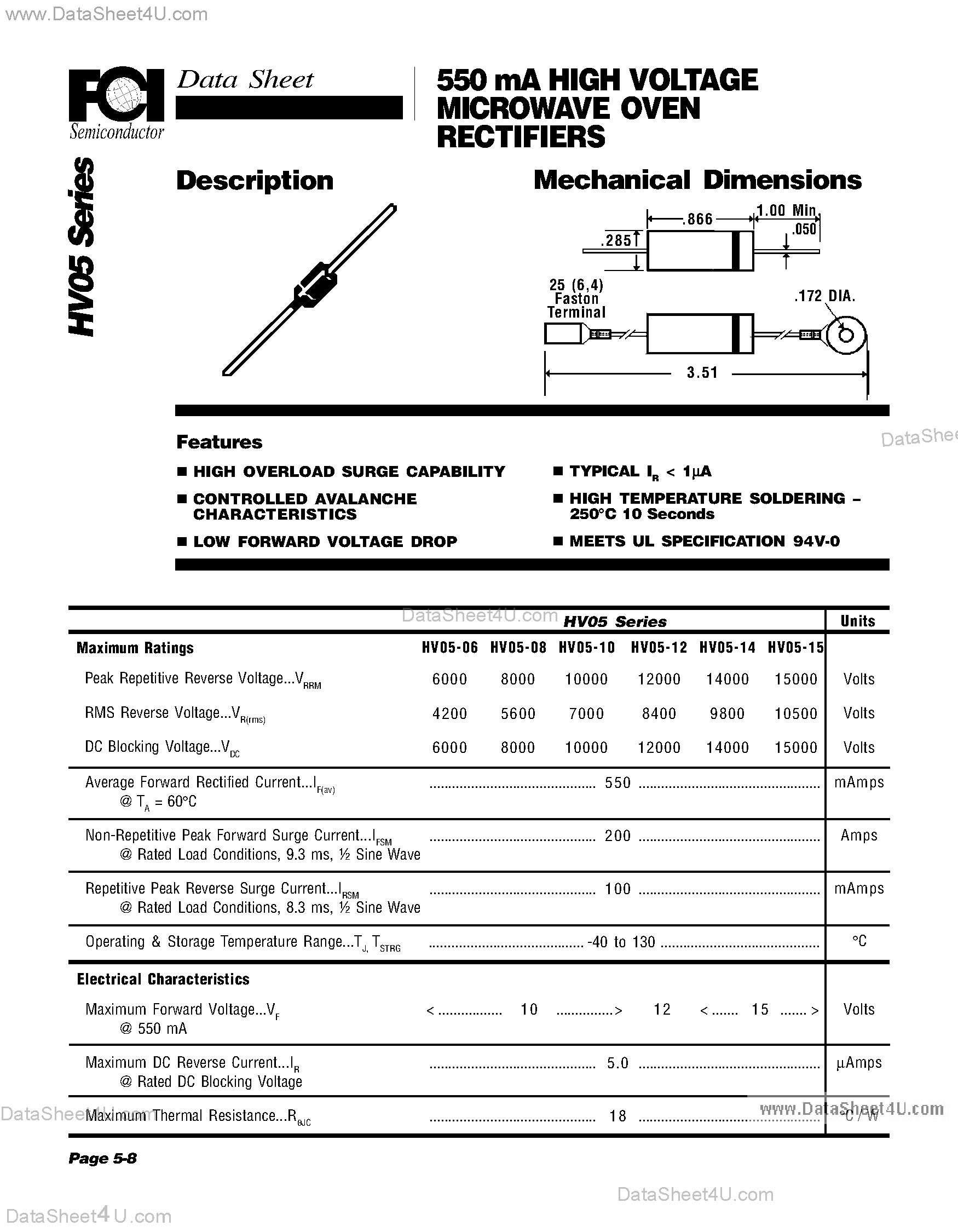 Datasheet HV05-06 page 1 Datasheet HV05-06 - (HV05-xx) 550 mA HIGH VOLTAGE MICROWAVE OVEN RECTIFIERS page 1