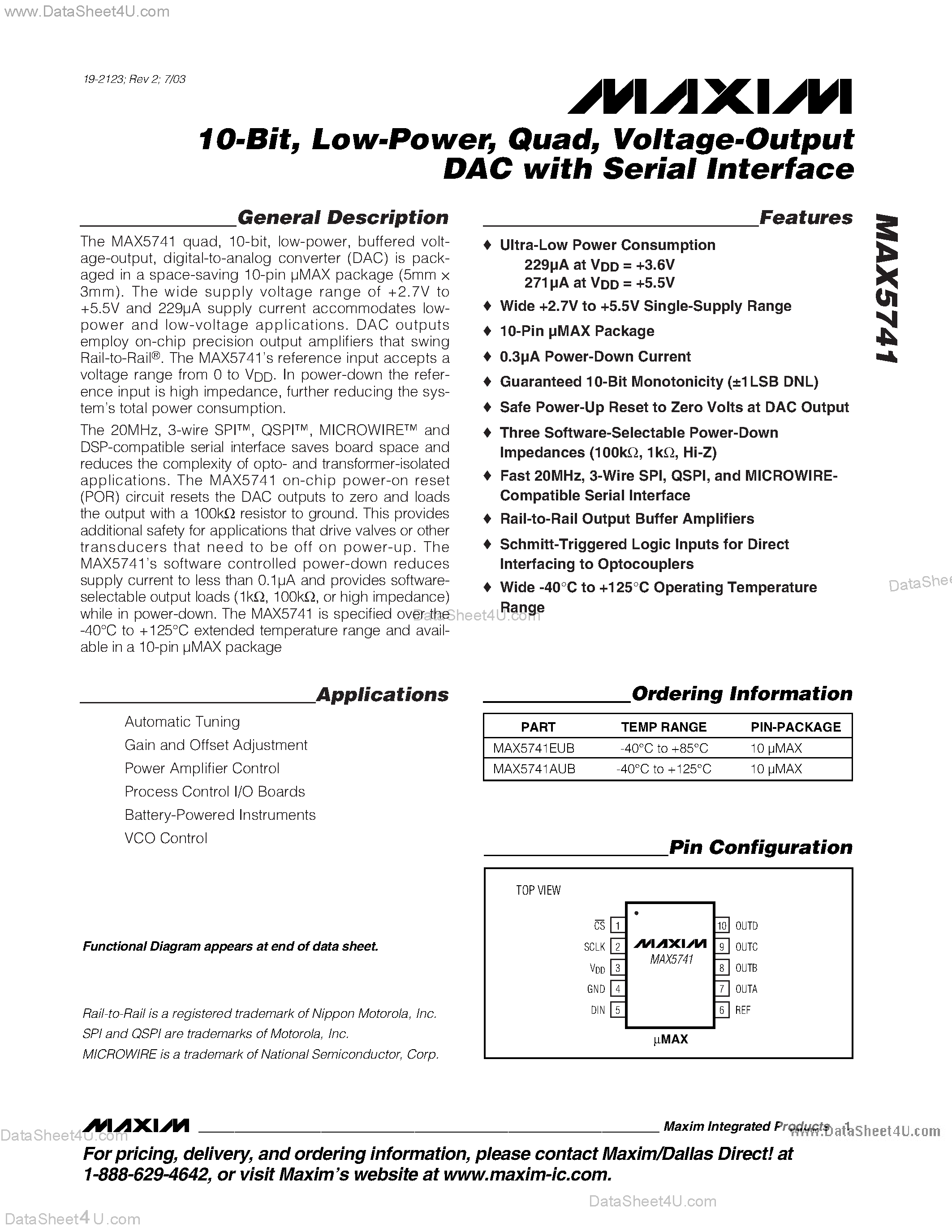 Datasheet MAX5741 - 10-Bit / Low-Power / Quad / Voltage-Output DAC with Serial Interface page 1