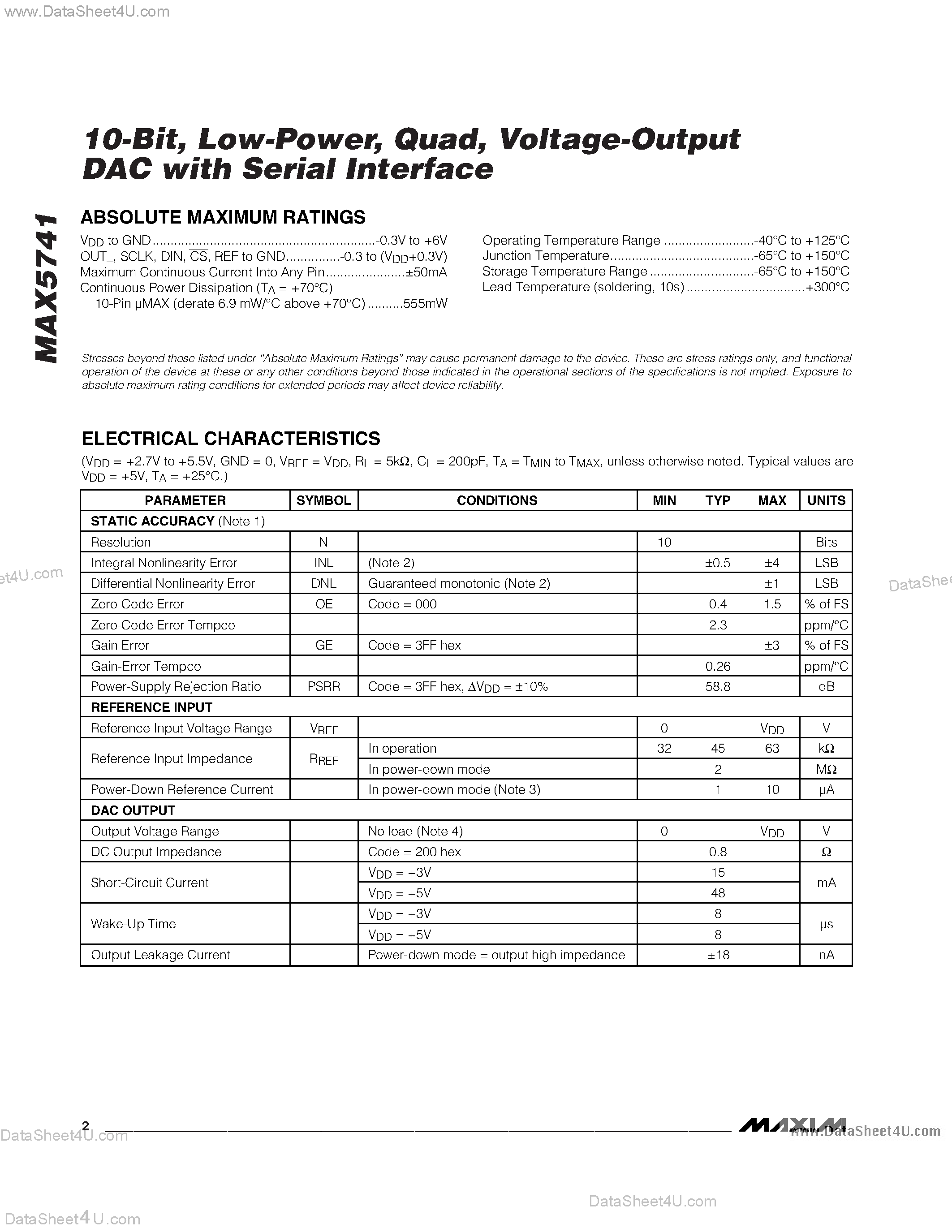 Datasheet MAX5741 - 10-Bit / Low-Power / Quad / Voltage-Output DAC with Serial Interface page 2