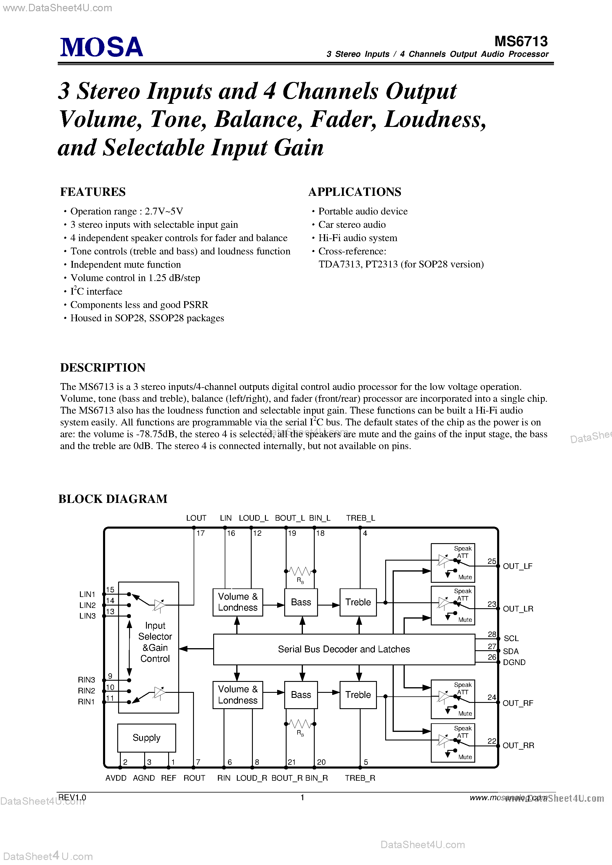 Datasheet MS6713 - 3 Stereo Inputs and 4 Channels Output Volume page 1