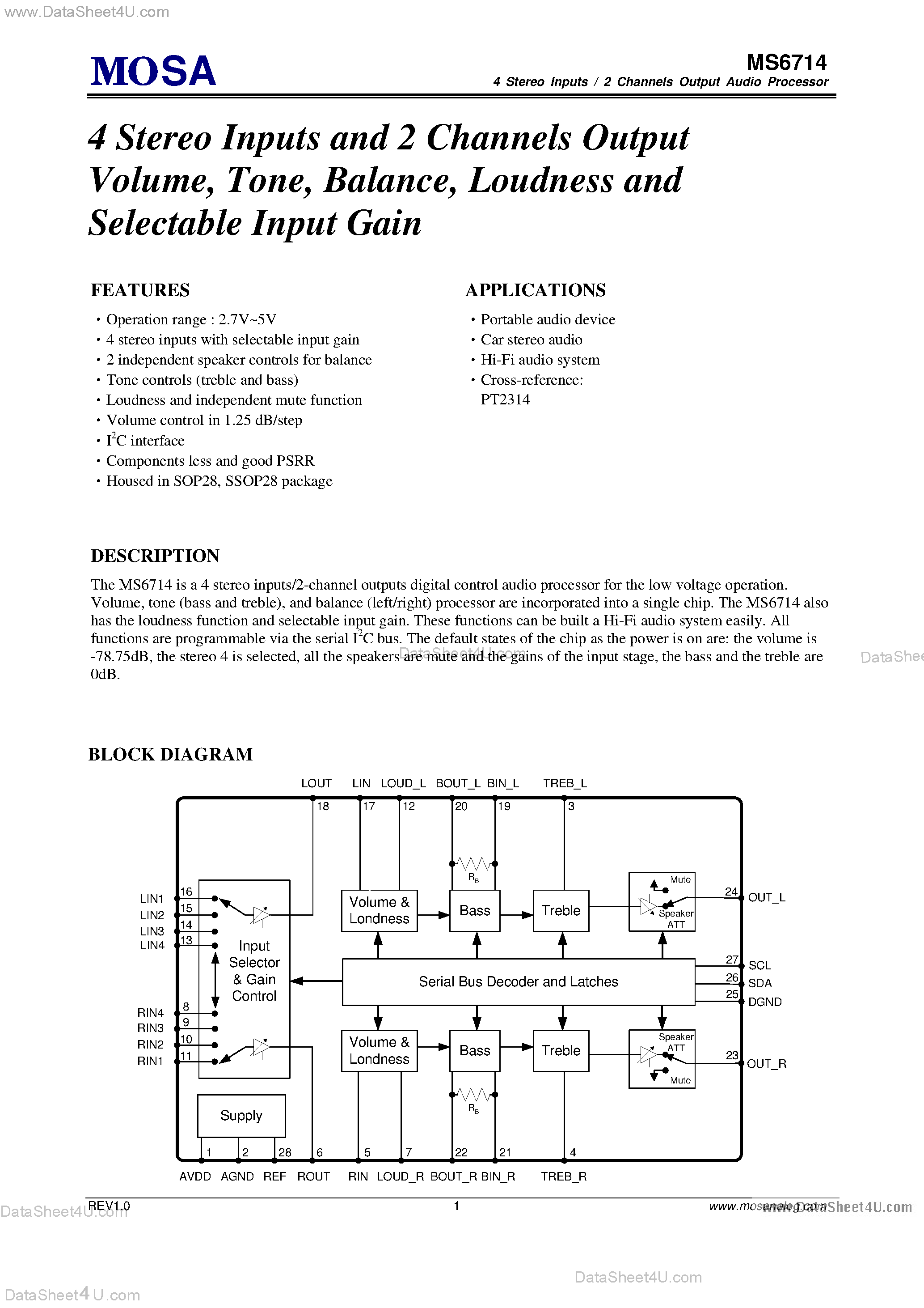 Datasheet MS6714 - 4 Stereo Inputs and 2 Channels Output Volume page 1
