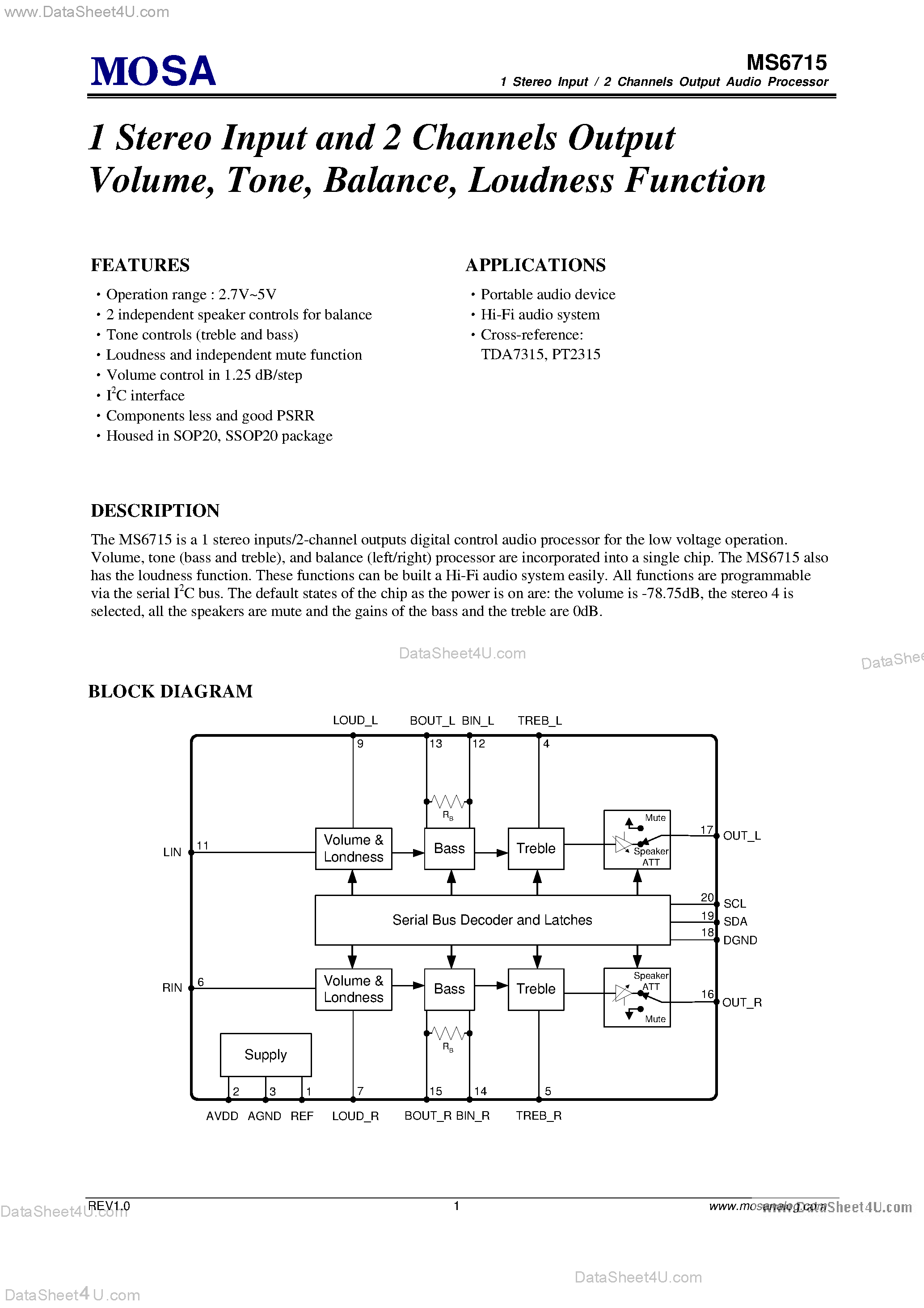 Datasheet MS6715 - 1 Stereo Input and 2 Channels Output Volume page 1
