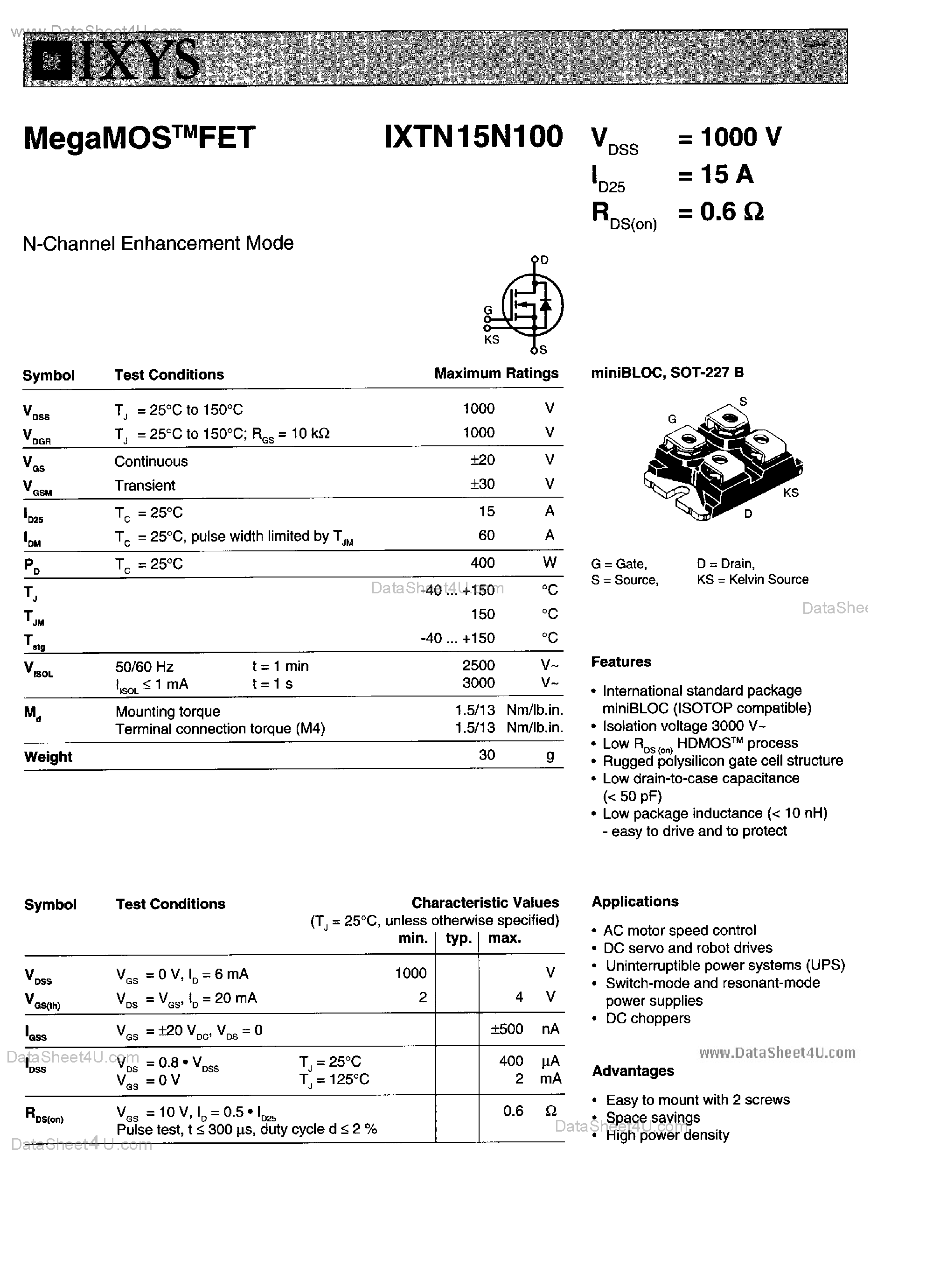 Datasheet IXTN15N100 - N-Channel Enhancement Mode page 1